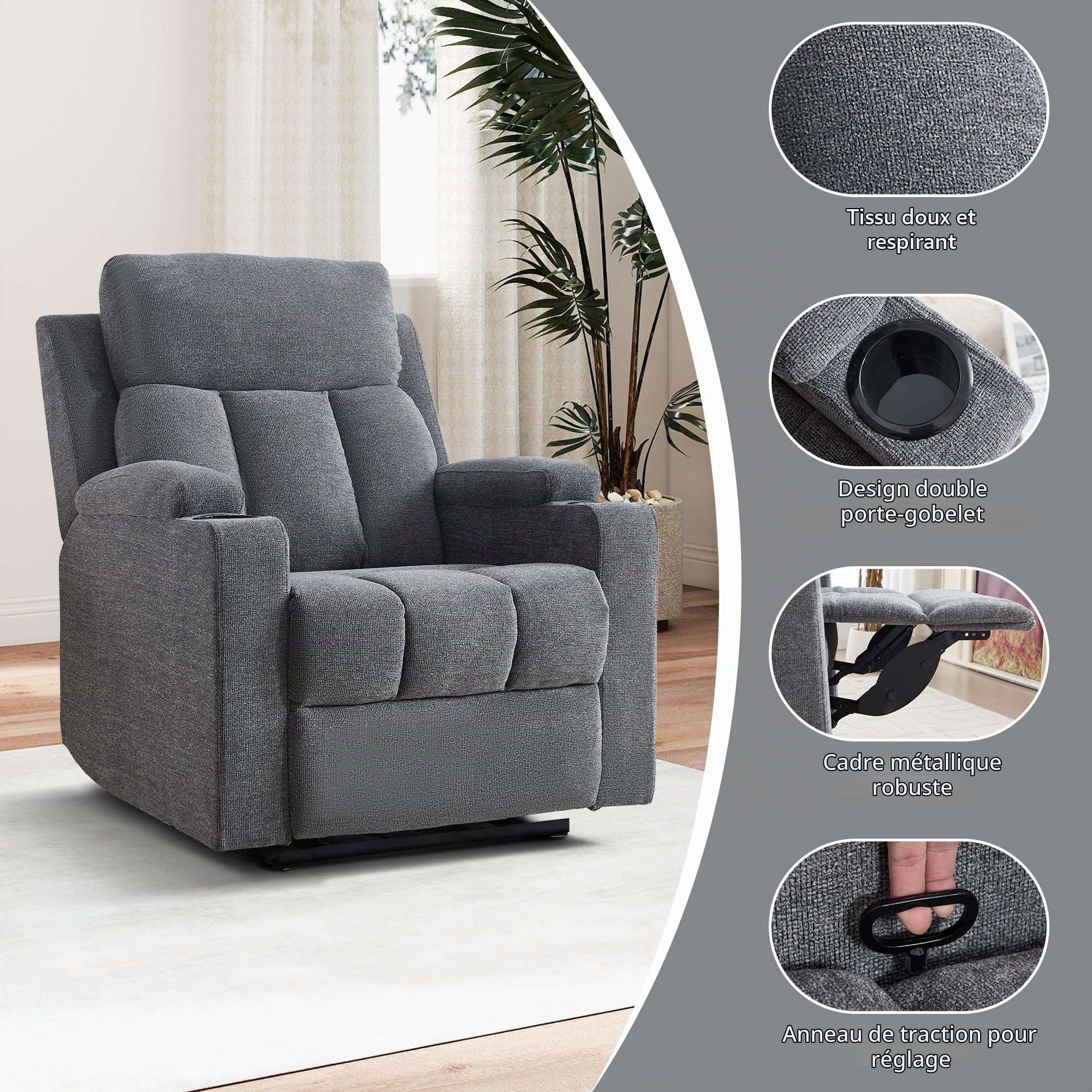 Simore Fauteuil de Relaxation Manuel Canapé télé avec Fonction allongement et Porte-gobelet, Fauteuil télé avec Repose-Pieds, Capacité de Charge Jusqu’à 150 kg, pour Salon, Gris foncé