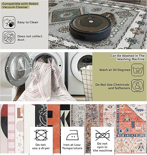 Miniatura 9 de Alfombra de área lavable, 2 x 6 pies, color verde, con parte trasera antideslizante, resistente a las manchas, plegable, bohemia lavable a máquina,