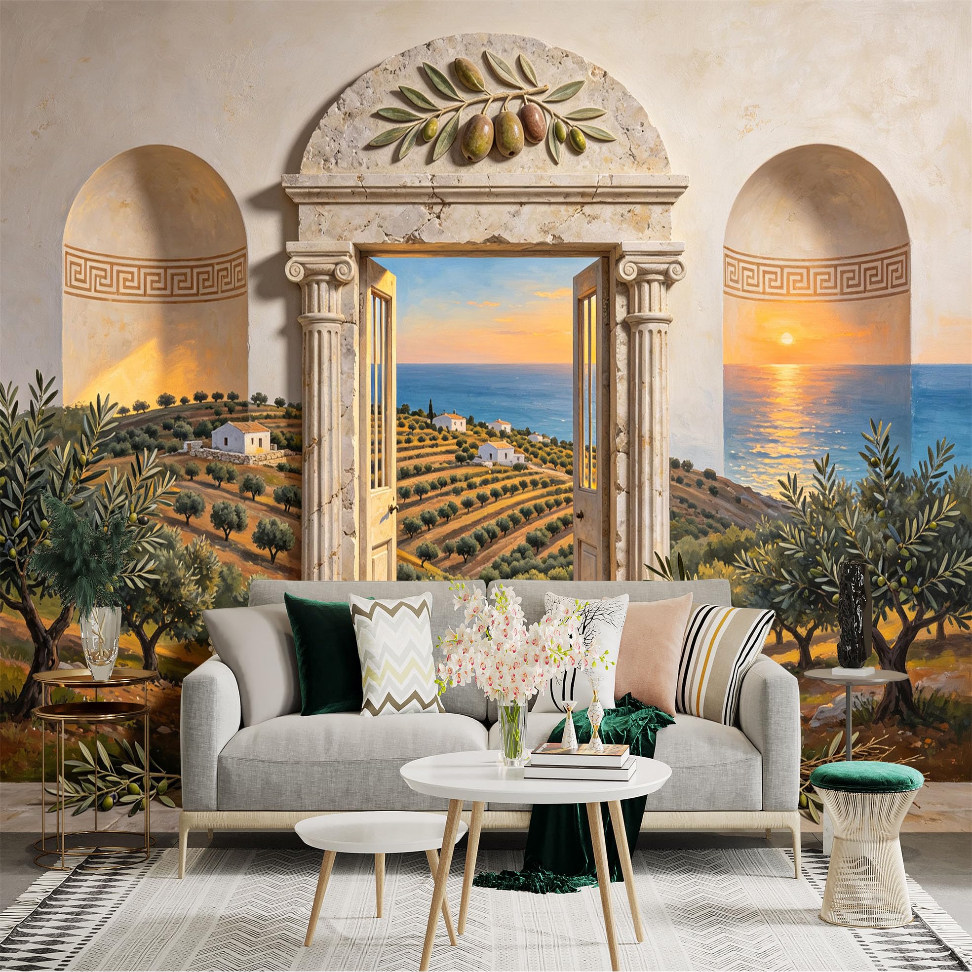 Custom Size Wall Sticker Mural， Mediterranean Olive Grove Coastal Sunset Landscape， Marble Archway and Sea View， for wall Decoration， peelandstick wall Decals.
