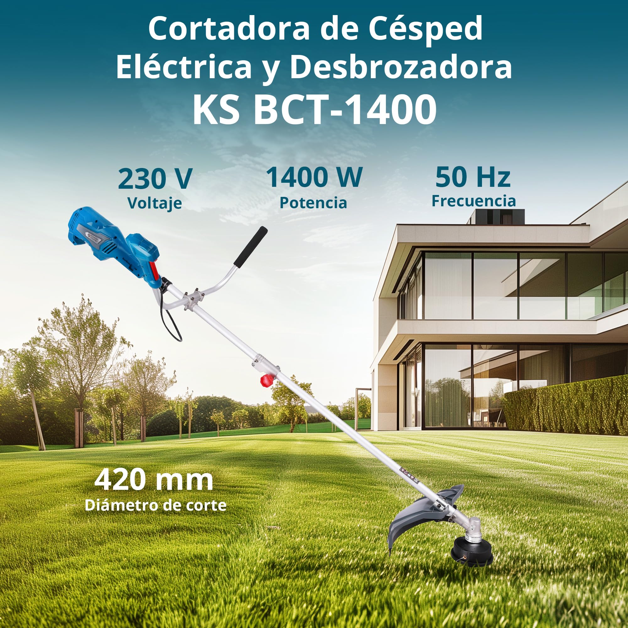 Könner & Söhnen KS BCT-1400 1400 W, Anchura de Corte 42 cm, Grosor de línea 1,6 mm, Cuchilla de Tres Hojas 255 mm, asa ergonómica para Bicicleta, Correa para el Hombro, Recortadora de jardín