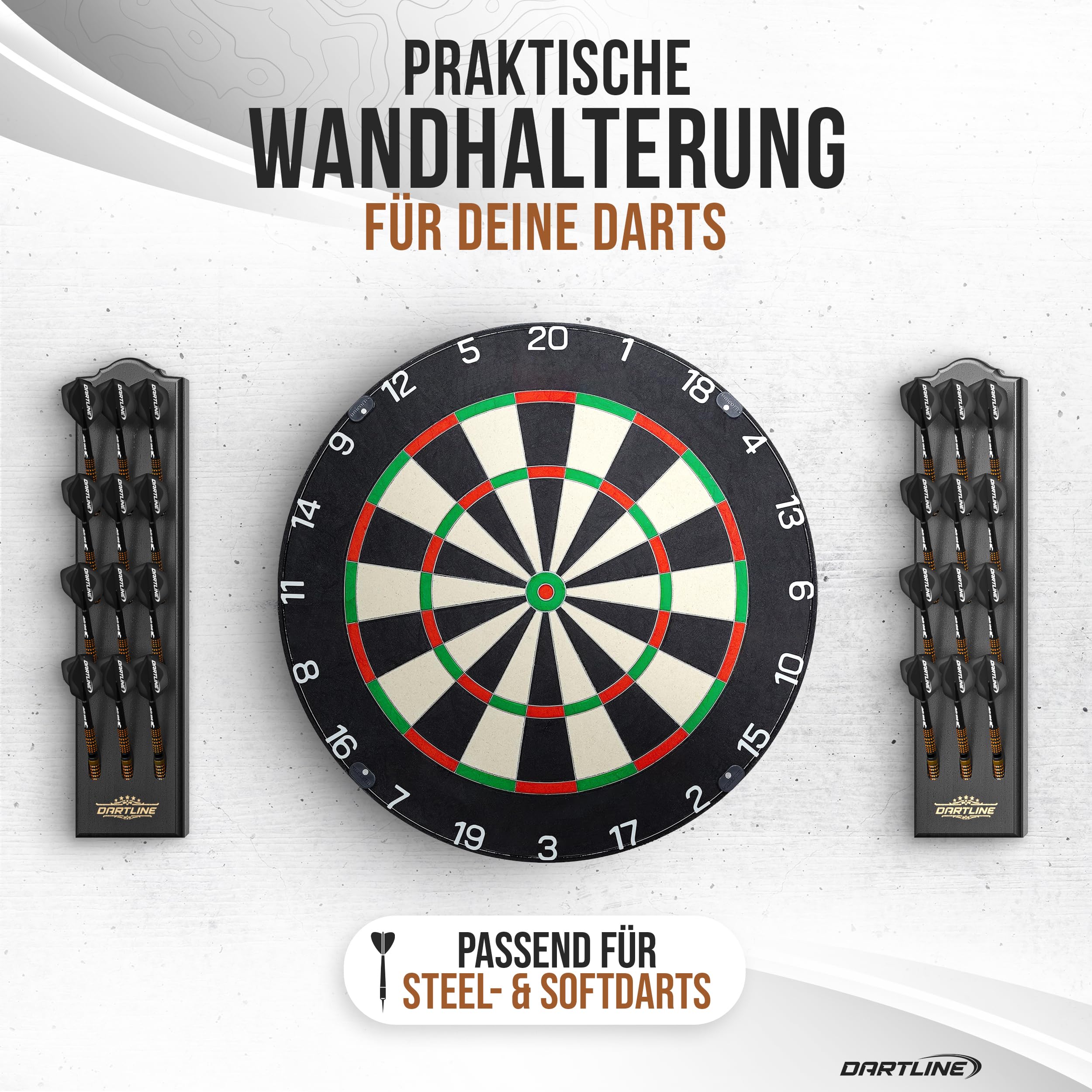 Dartpfeile Halterung aus Holz | Darthalter für 12 Pfeile zur Wandmontage | matt schwarzer Massivholz Dart Halter 40x9 cm | mit Stoffbeutel für Zubehör