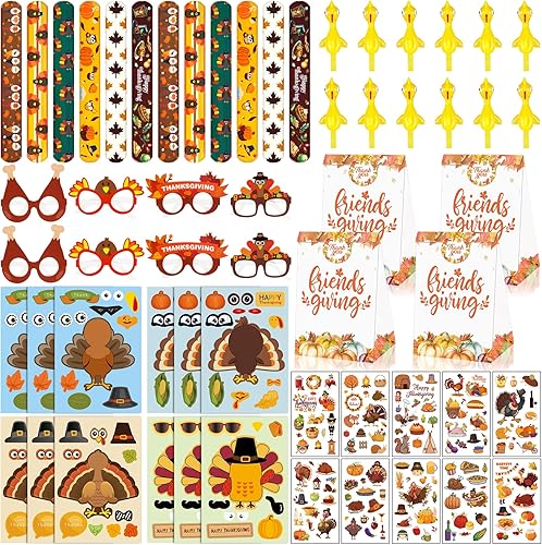 Juego de 80 piezas de regalos de fiesta de Acción de Gracias, calcomanías de pavo de Acción de Gracias, pulseras de palmada, globos de punzón de