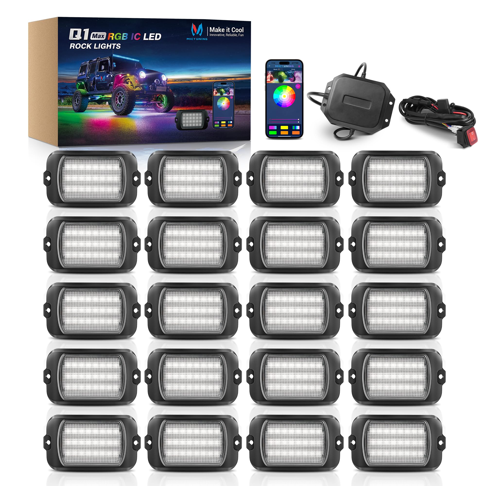 MICTUNING 2025 1000% Bright Q1 MAX RGB+IC LED Rock Lights, 480 LEDs 20 Pods Chasing Dreamcolor Extensible Underglow Multicolor Neon Light Underbody Lighting Kit with APP Control for Truck ATV UTV Boat