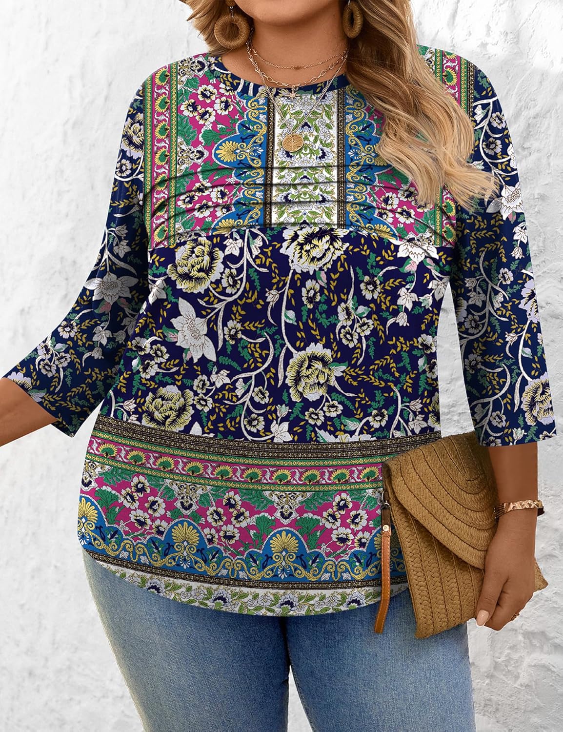 LOMON Plus Size Women Blouses 3/4 Length Sleeve Tops Crewneck Pleated Casual Tees Shirts 1X-5X - Image 6