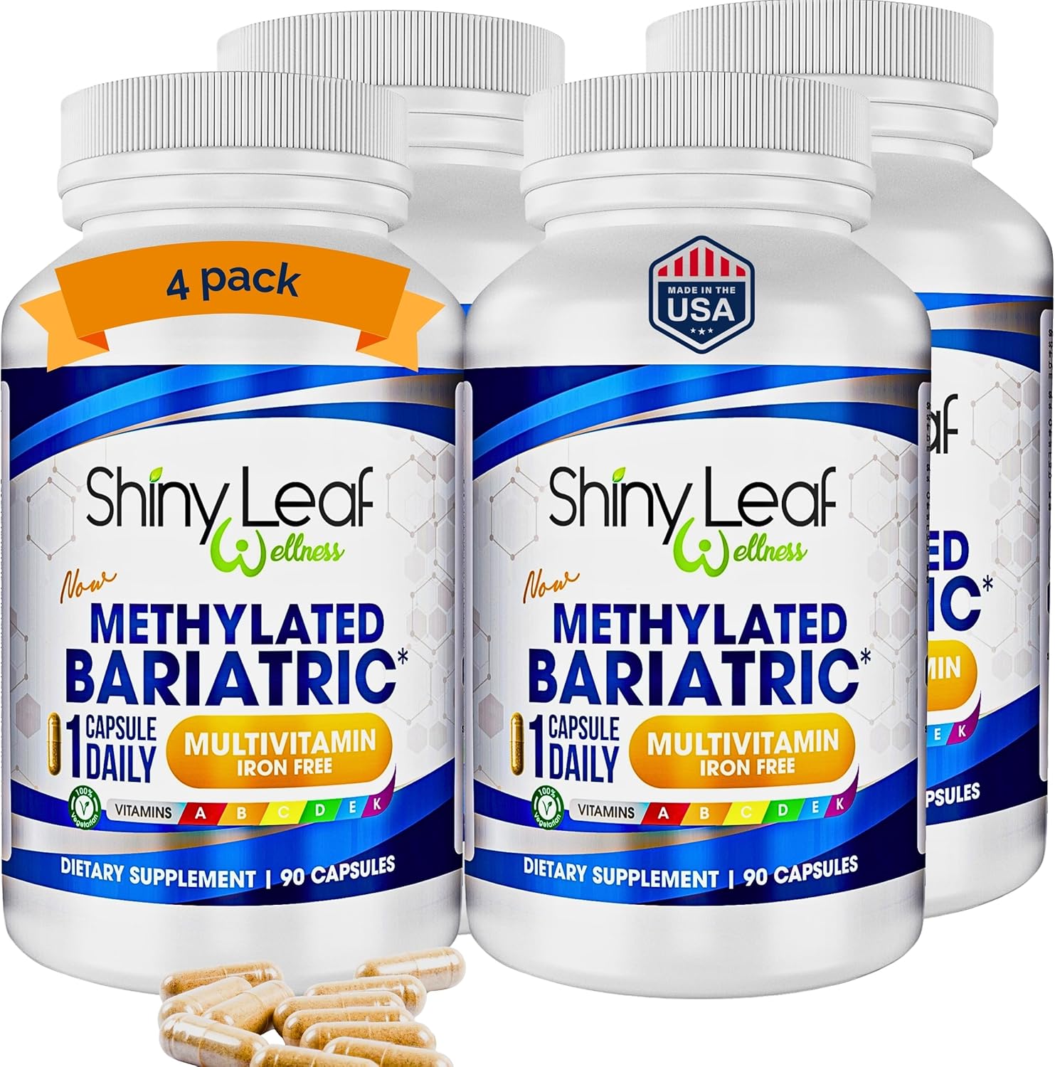 Shiny Leaf Methylated Bariatric Multivitamin Without Iron – Vitamins for Gastric Bypass & Sleeve, 1 Daily Capsule W Methylated Folate, B12, A, C, D, K & More. Vegetarian, Soy-Free, USA Made (360 Ct.)