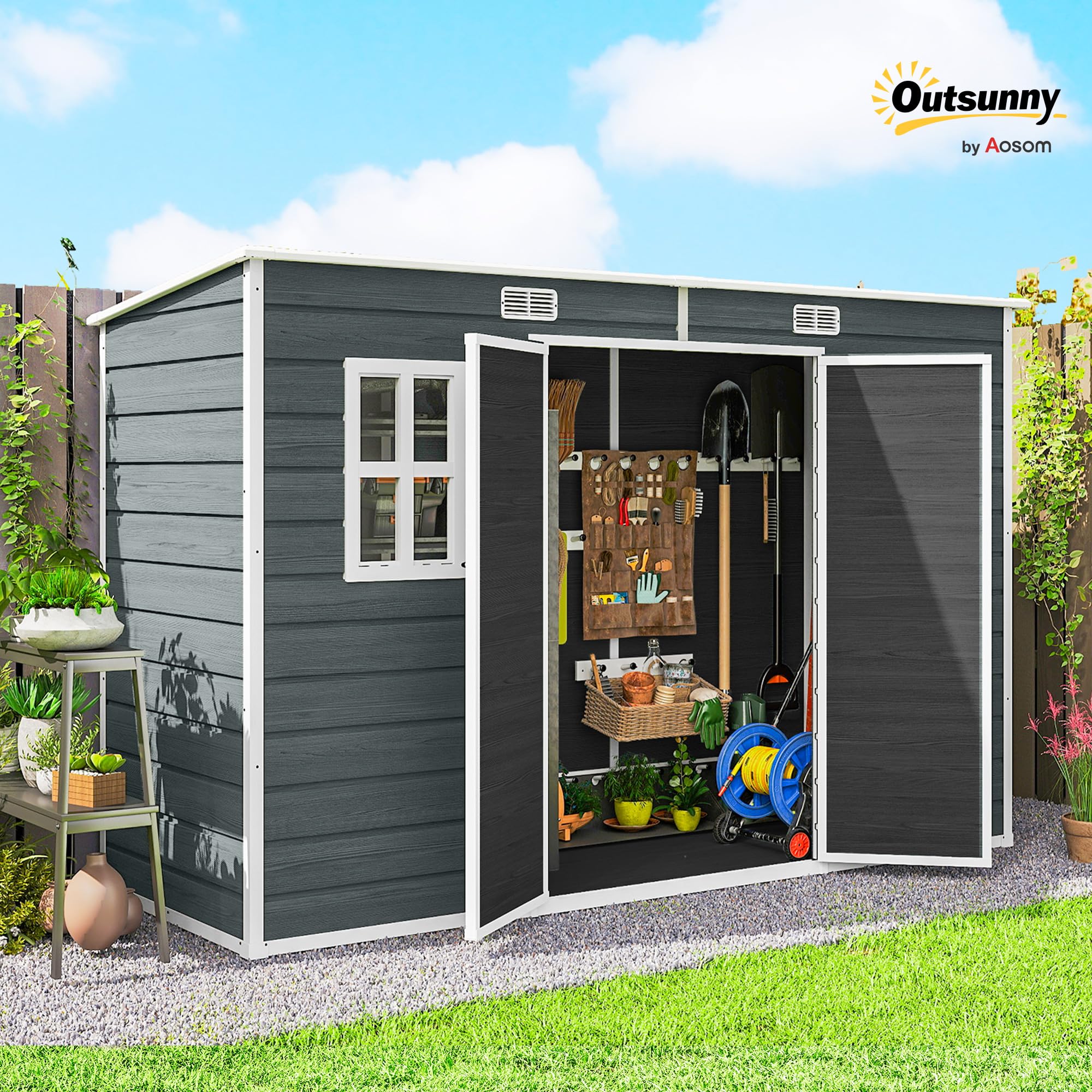 Outsunny Gerätehaus 3,2m², Geräteschuppen mit Pultdach, 303x123x197cm, Kunststoff Gartenschuppen mit Fenster Doppeltür Schloss Belüftungsöffnung Boden Holzoptik, Gartenhaus für Werkzeuge Grau
