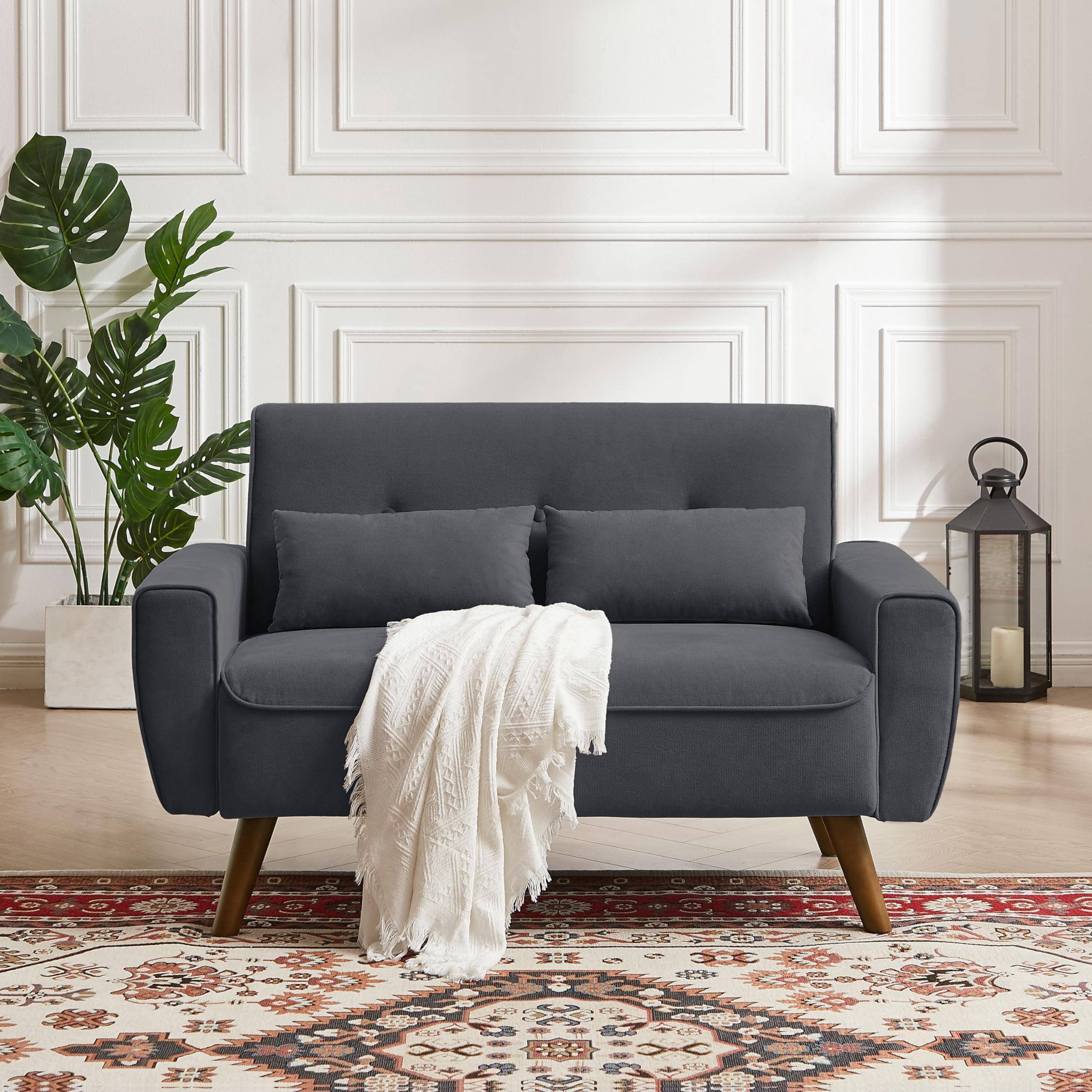 48" Small Loveseat Sofa, Mid Century Modern Linen Love Seat Couch, 2 Seat Tufted Couches with Throw Pillows and Wood Legs for Living Room, Apartment, Bedroom and Small Space
