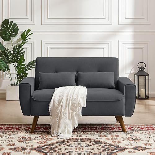 Sofá biplaza pequeño de 48 pulgadas, sofá biplaza de lino moderno de mediados de siglo, sofás de 2 asientos con almohadas y patas de madera para