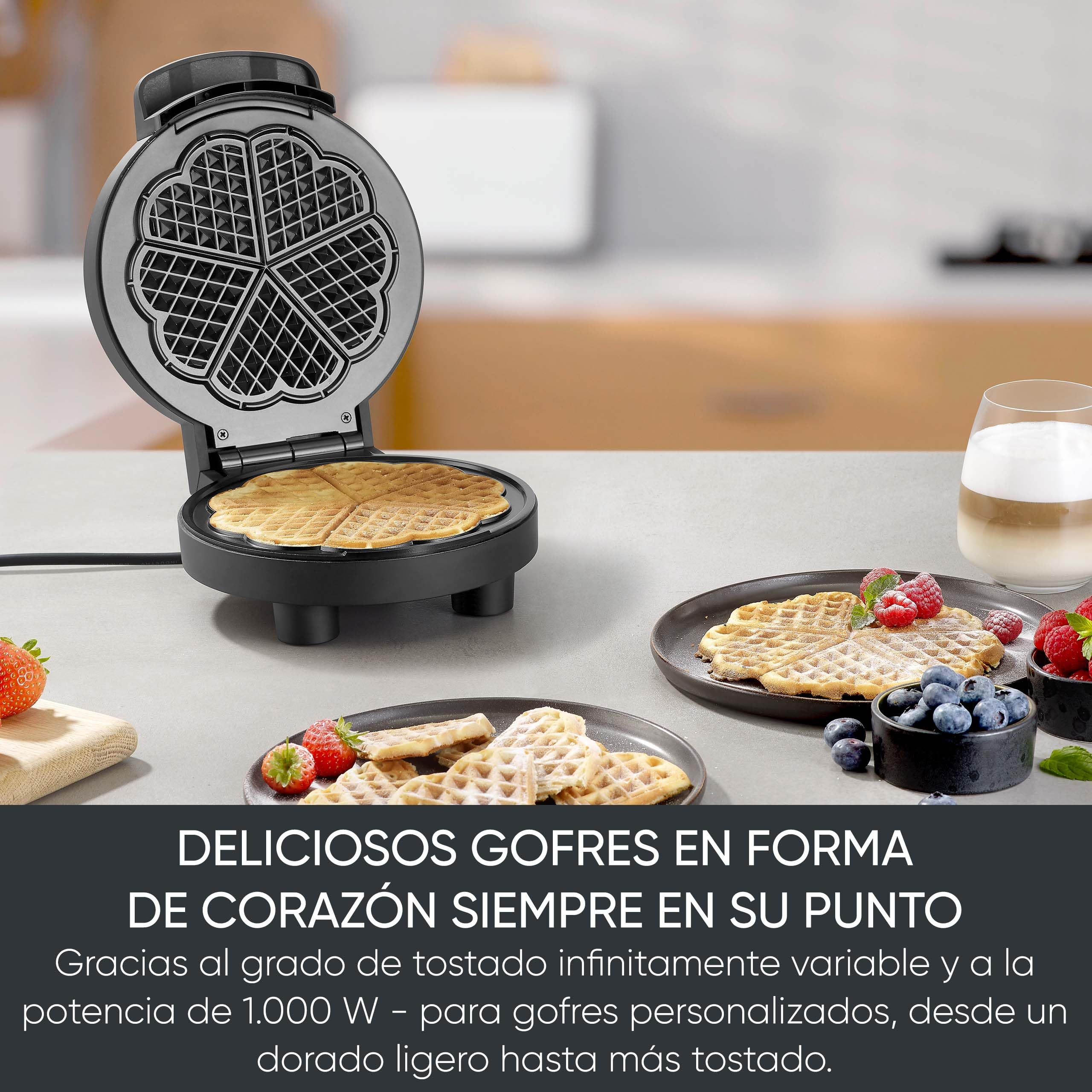 SEVERIN Gofrera Black Line, gofres con forma de corazón, revestimiento libre de PFAS, luz indicadora, práctico enrollador para el cable, 1000 W, negro/acero inoxidable, WA 2117