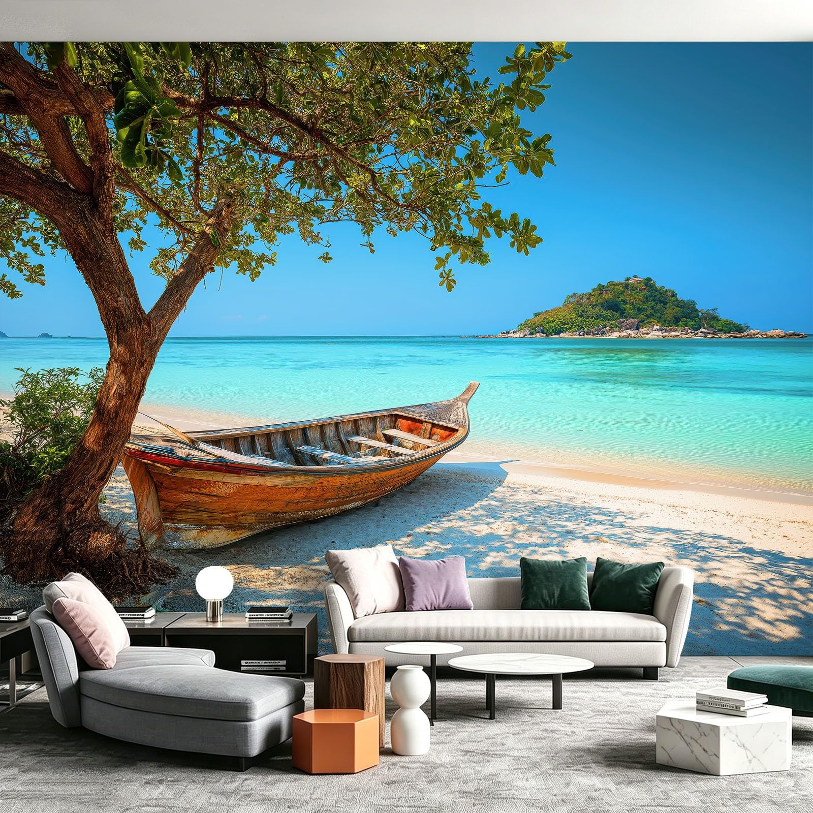 Carta da parati fotografica con isola naturale, 300 x 210 cm (larghezza x altezza), in tessuto non tessuto, decorazione da parete, motivo spiaggia, barca in legno, foglie, per camera da letto