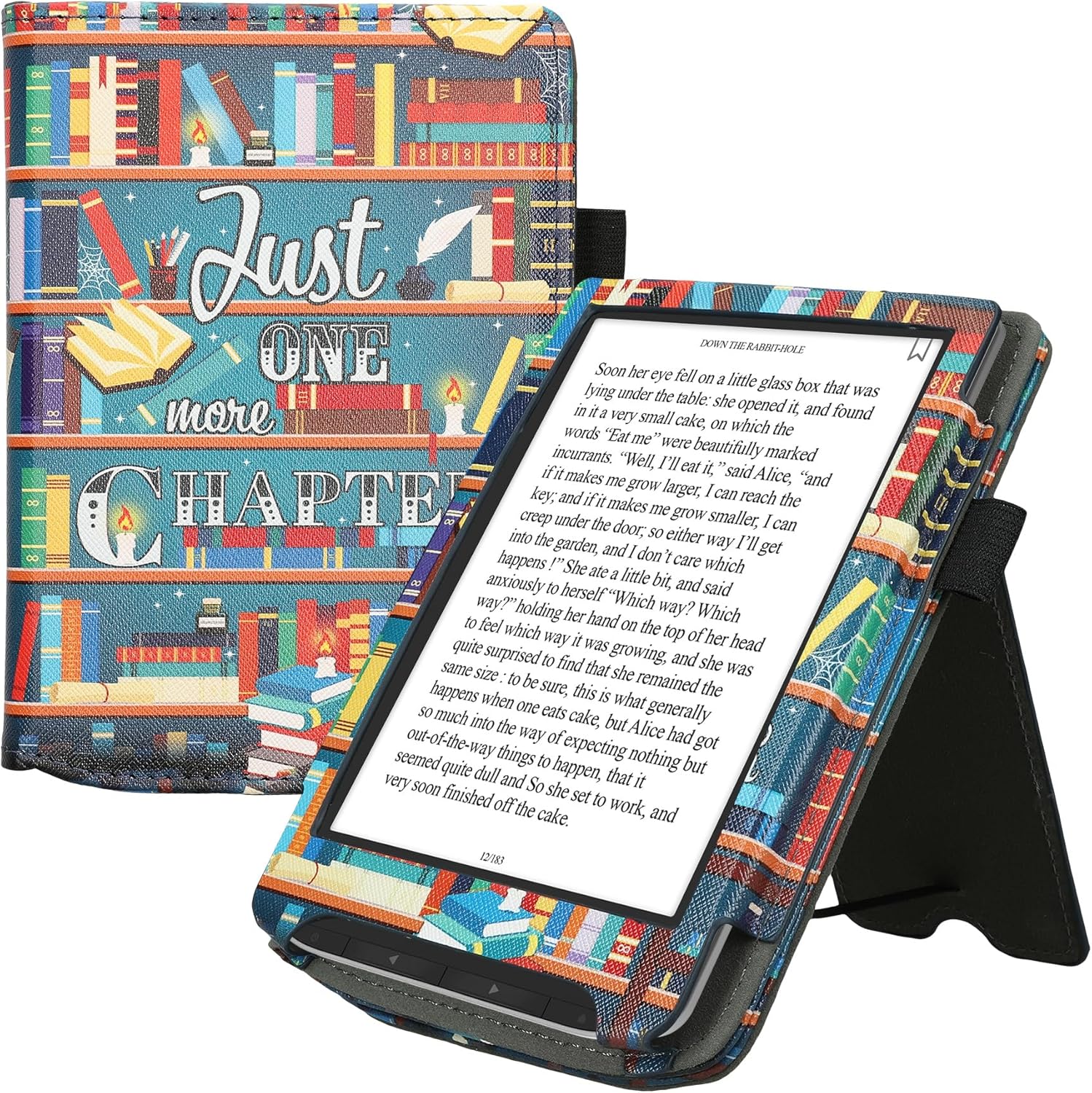 kwmobile Case Compatible with Pocketbook Verse/Verse Pro/Verse Color/Vivlio Light/Light HD - Case PU Leather Cover with Magnet Closure, Stand, Strap, Card Slot - Library Motto Multicolor