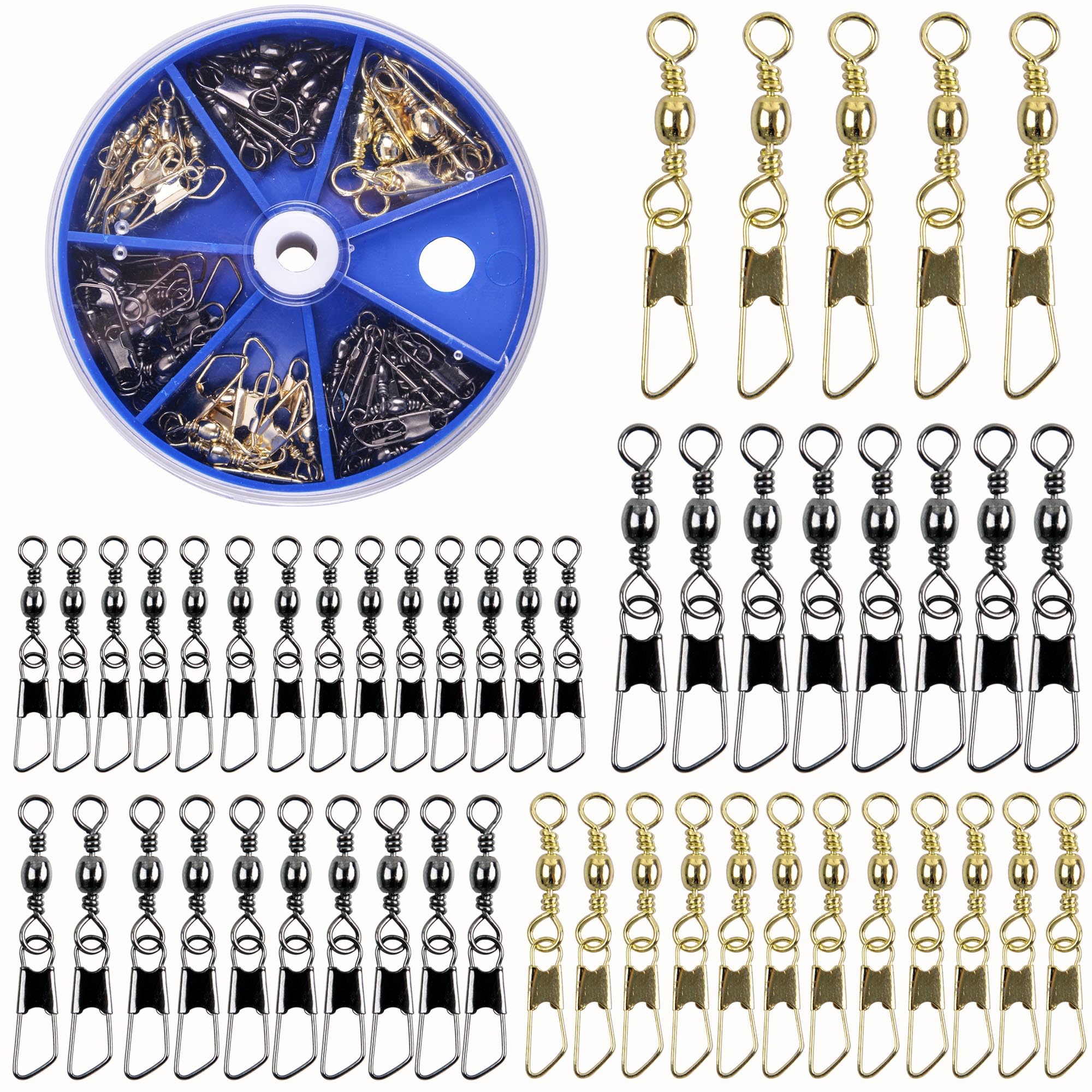 Fishing Barrel Swivel Snap Kit,50/55pcs Rolling Barrel Swivel with Safety Snaps High Strength Copper and Stainless Steel Fishing Quick Connect Snap Swivel Fishing Tackle (50pcs Barrel Swivel Snap)