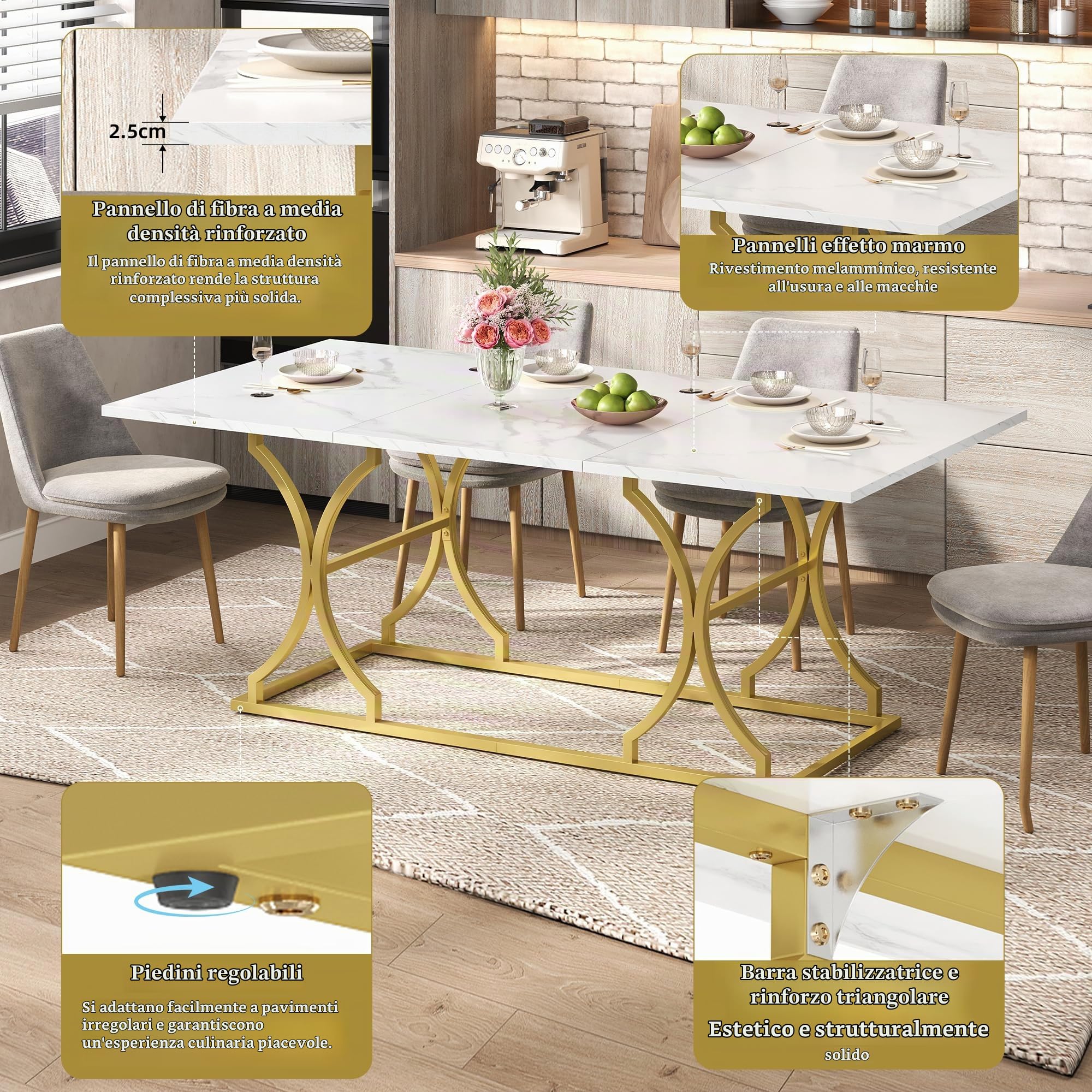 MURUL Tavolo da pranzo 200 x 80 x 76 cm, bianco/oro, effetto marmo, per 8-10 persone, spessore 2,5 cm, resistente all'acqua e ai graffi, gambe in metallo dorato con scorrevoli regolabili per soggiorno