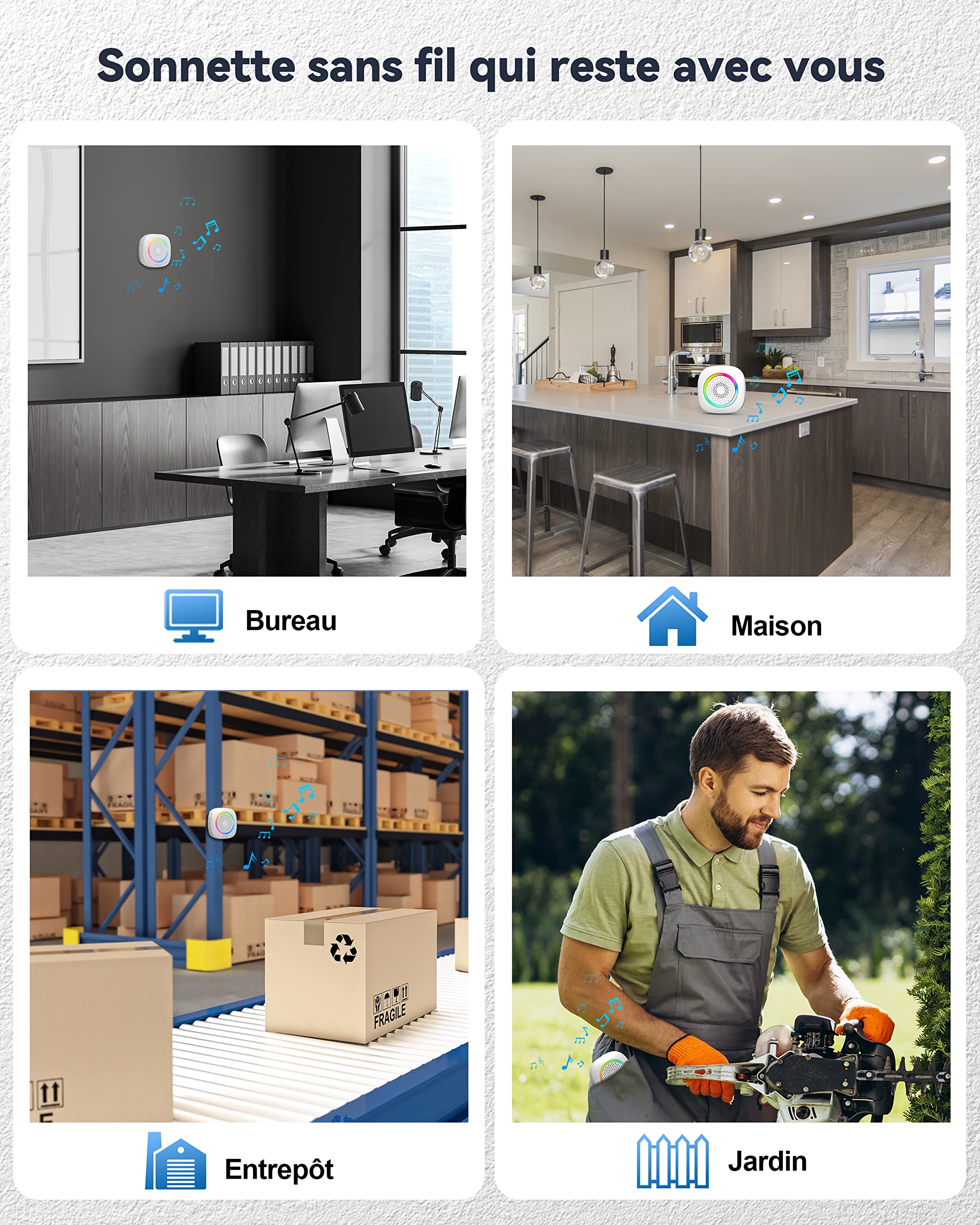 TECKNET Sonnette sans Fil à Piles Exterieur Étanche IP66 RVB Batterie Amovible Portée 400M Two Récepteur, 60 Mélodies et 5 Niveaux, pour Maison, Hôtel, Bureaux, Urgence