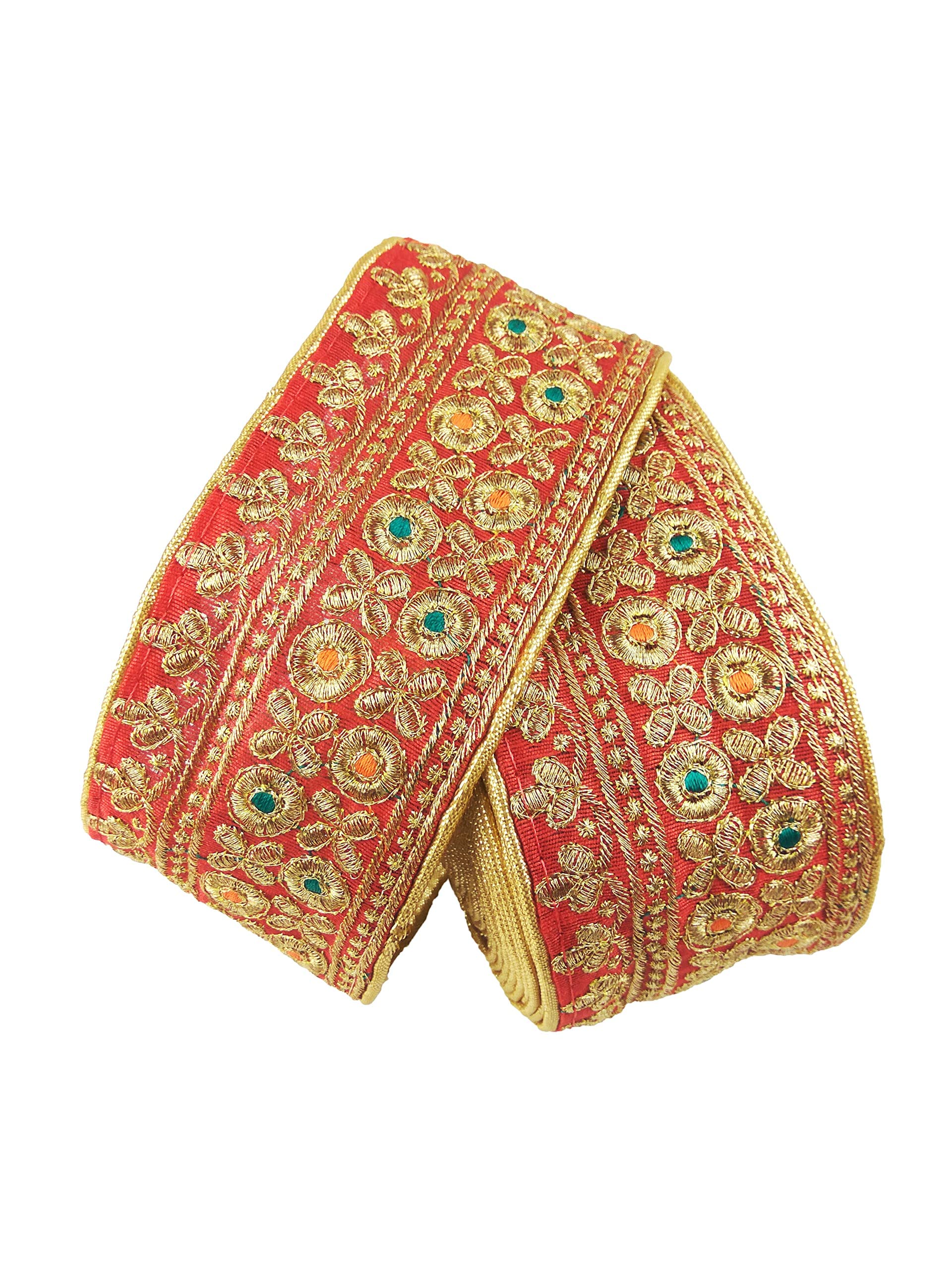 FRIJVEN Embroidery Heavy Work Lace Borders Falls Trim for Dresses, Dupatta, Saree, Skirt, Lehengas, Kurti, Decorative Ribbon (7 cm Width) (3 Meter, Red)