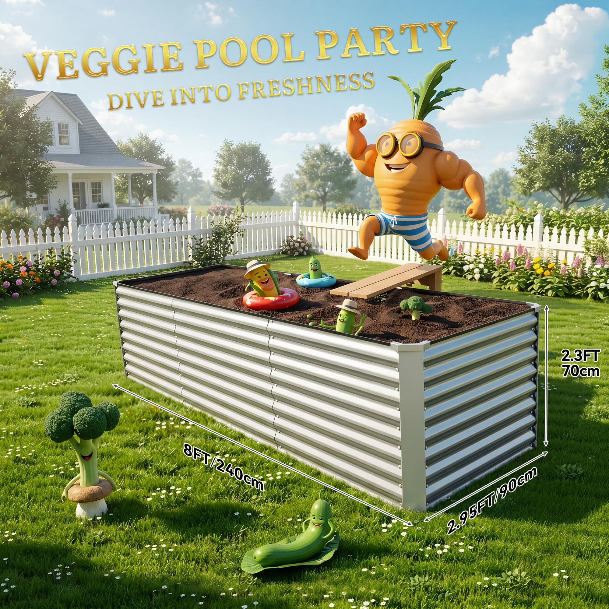 YITAHOME Outdoor Hochbeet Metall 240 * 90 * 70cm,Hochbeet verzinktem Stahlblech,Pflanzkübel für den Außenbereich mit Sicherheitsrand für den Garten, mit Stützstange Handschuhen für Gemüse(Argent)