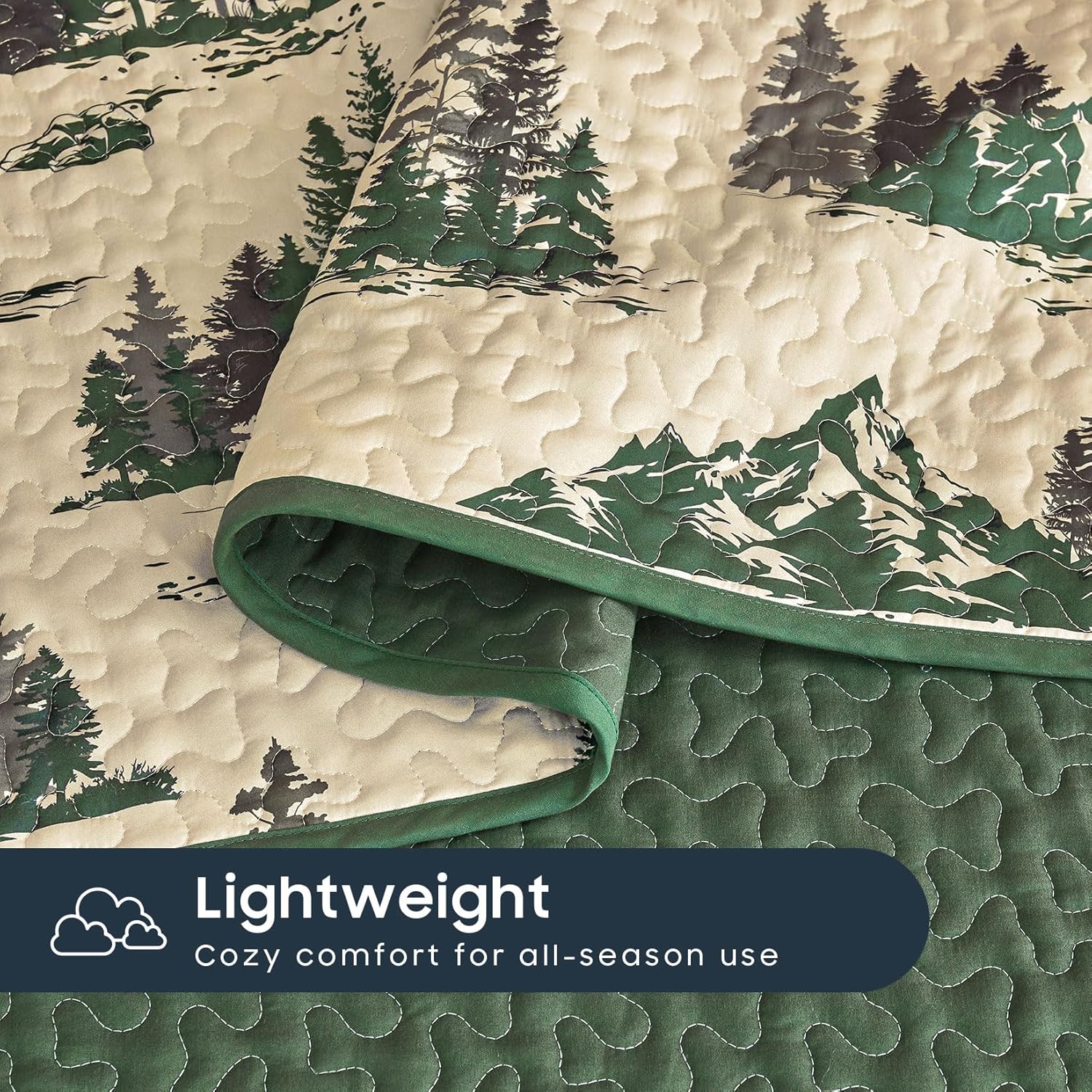 Wake In Cloud - Rustic Quilt Set, Cabin Forest Woodland Camping Theme with Lodge Mountain Print, Reversible Lightweight Bedspread Coverlet, 3 Pieces, Green Brown, Queen/Full Size