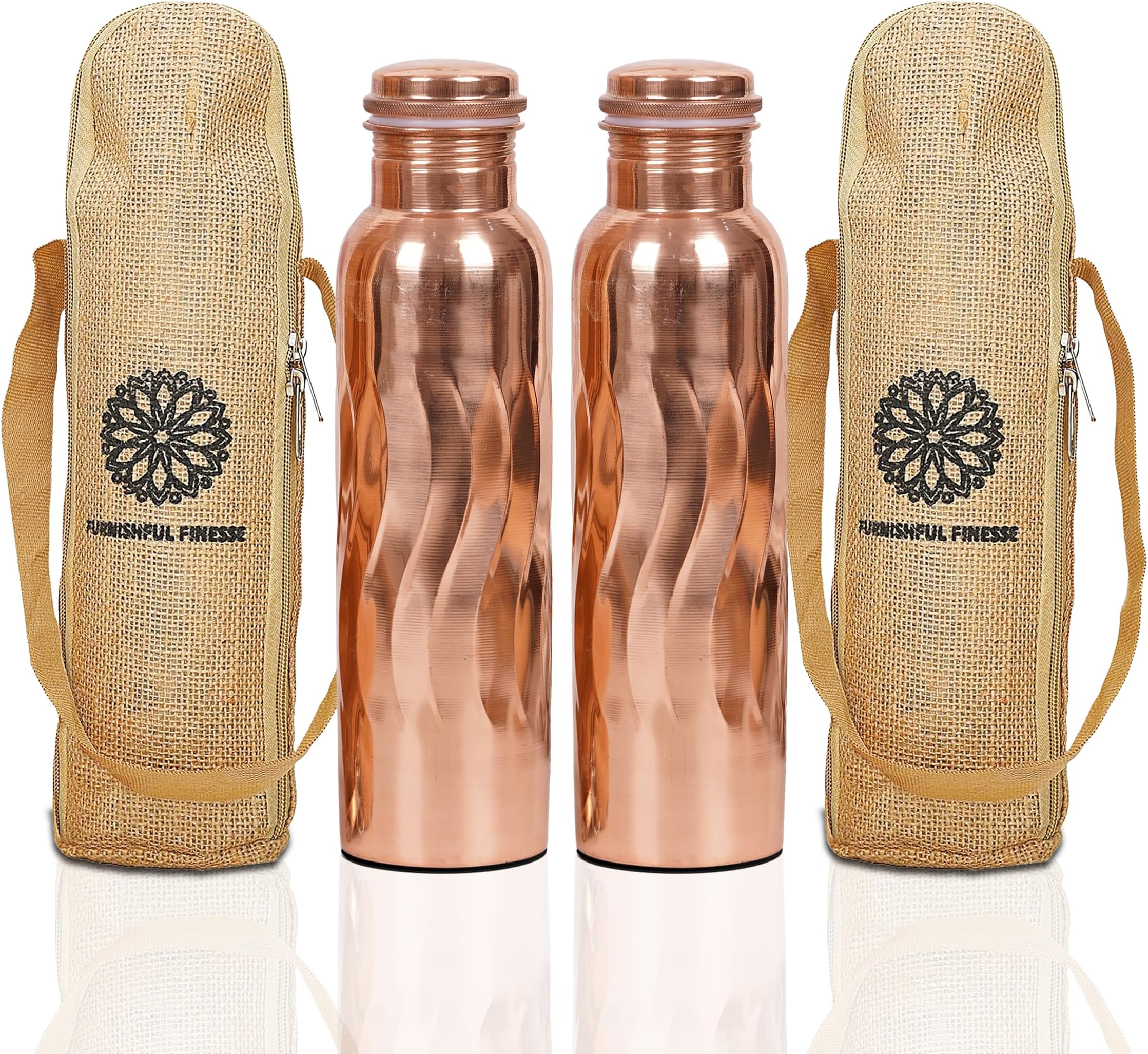 Copper Water Bottle For Drinking Pure Copper Bottle 1000 ml Copper Vessel With Carrying Bag For Sports, Yoga, Ayurvedic Copper Bottle for Gym,Office,Hiking - Pack of 2, (Natural Curve Bottle)