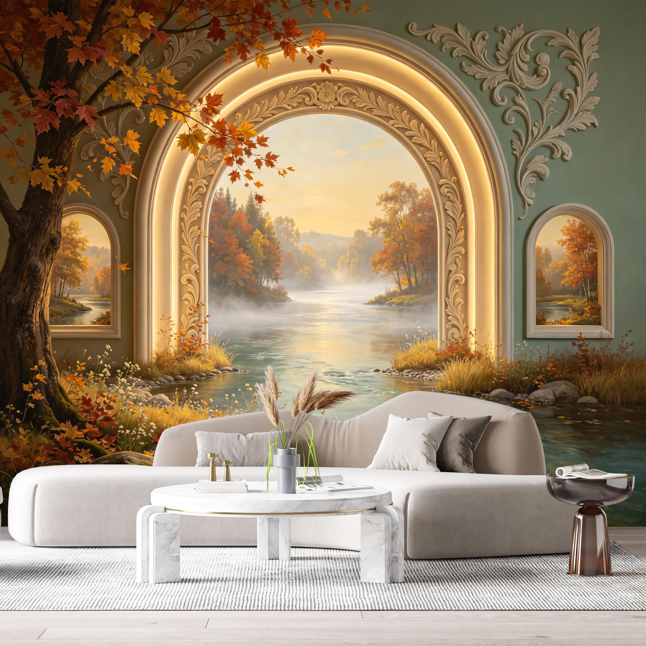 Custom Size Wall Murals Autumn Landscape Lake Archway 3D Trompe L'Oeil SelfAdhesiveWall Fabric Removable Wallpaper Wall Decor for Living Room Bedroom Bathroom