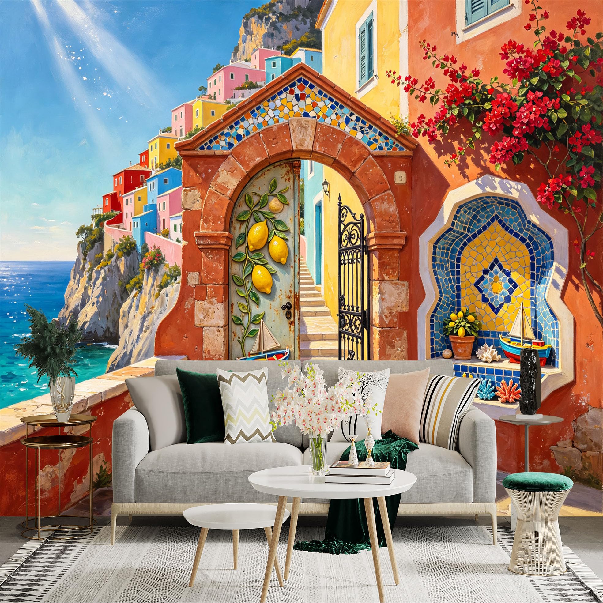 Custom Size Wall Sticker Mural， Coastal Village Archway， Colorful Seaside Houses， Mediterranean Ocean View， Lemon Door Art， for wall Decoration， peelandstick wall Decals.