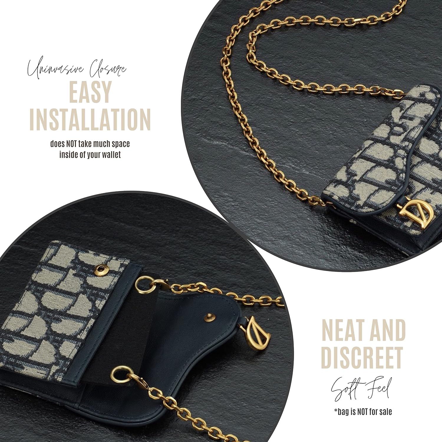 Divitize Premium Conversion Kit compatible with Saddle Wallet Insert — Crossbody Perfect Fit, Wallet on Chain WOC with 60/90/120cm Gold Chain, 24+ Shades (No Chain Needed, Navy)