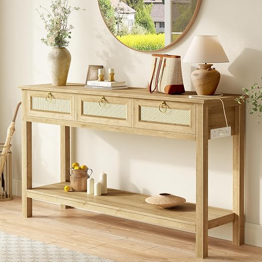 SUPERJARE Rattan Console Sofa Table with Outlets and USB-C Port, 3 Drawer Entryway Table with Synthetic Rattan Surface, Op...