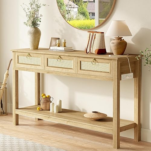 SUPERJARE Rattan Console Sofa Table with Outlets and USB-C Port, 3 Drawer Entryway Table with Synthetic Rattan Surface, Open Shelf, Behind Couch Entry Foyer Hallway Storage, Natural