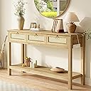 SUPERJARE Rattan Console Sofa Table with Outlets and USB-C Port, 3 Drawer Entryway Table with Synthetic Rattan Surface, Open Shelf, Behind Couch Entry Foyer Hallway Storage, Natural