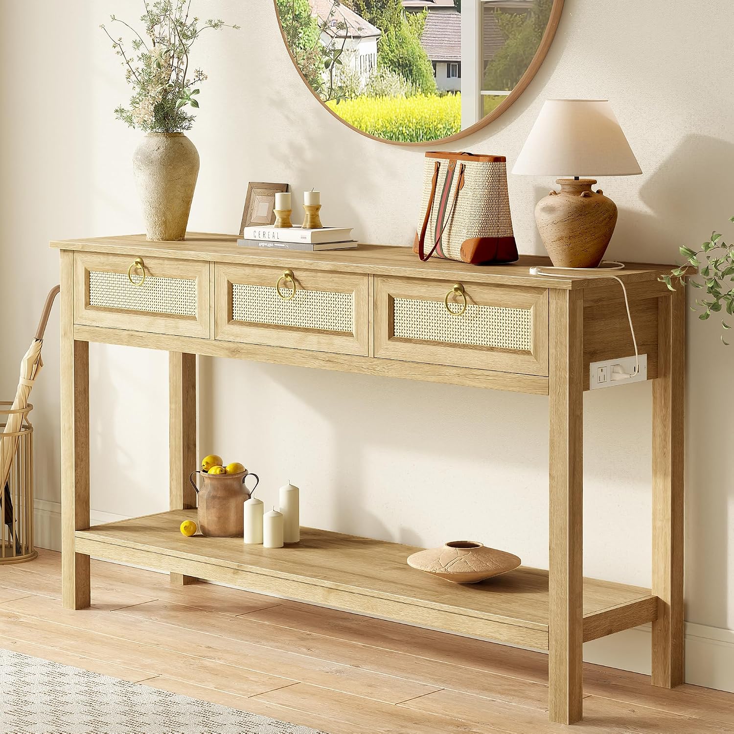 SUPERJARE Rattan Console Sofa Table with Outlets and USB-C Port, 3 Drawer Entryway Table with Synthetic Rattan Surface, Op... - Review, Price and Buying Guide