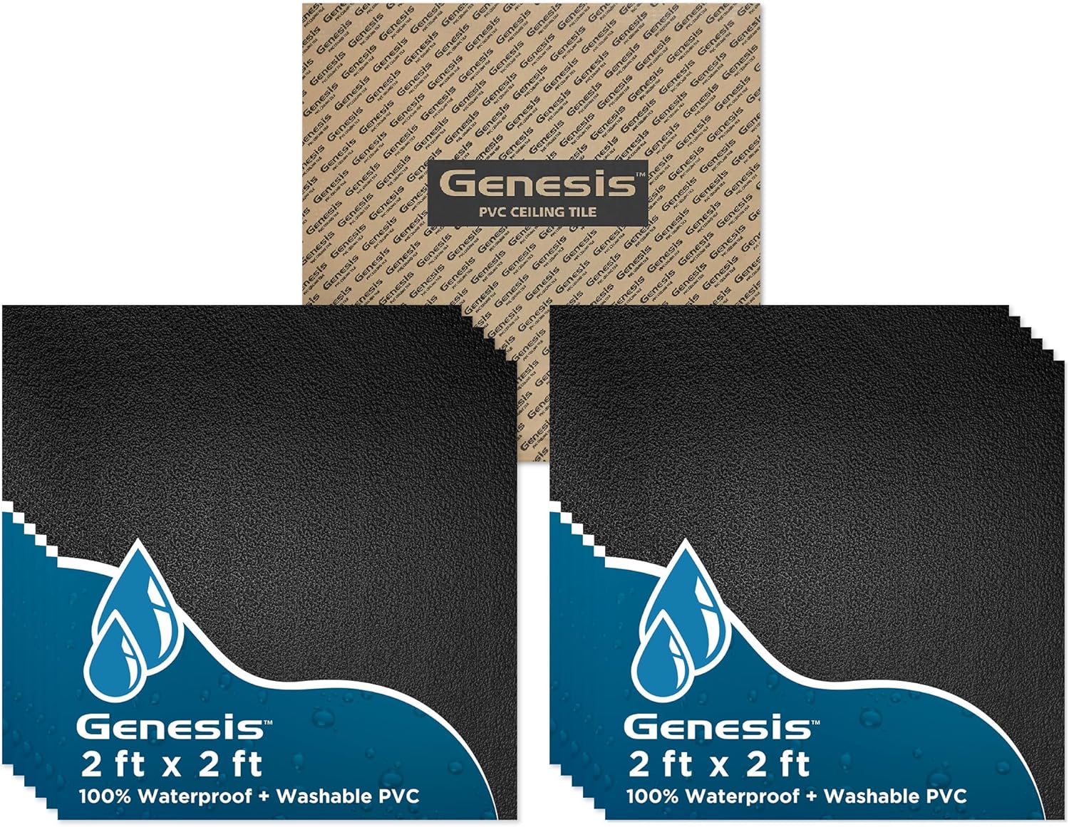 Genesis 2ft x 2ft Stucco Pro Black Ceiling Tiles - Easy Drop-in Installation – Waterproof, Washable and Fire-Rated - High-Grade PVC to Prevent Breakage - Package of 12 Tiles