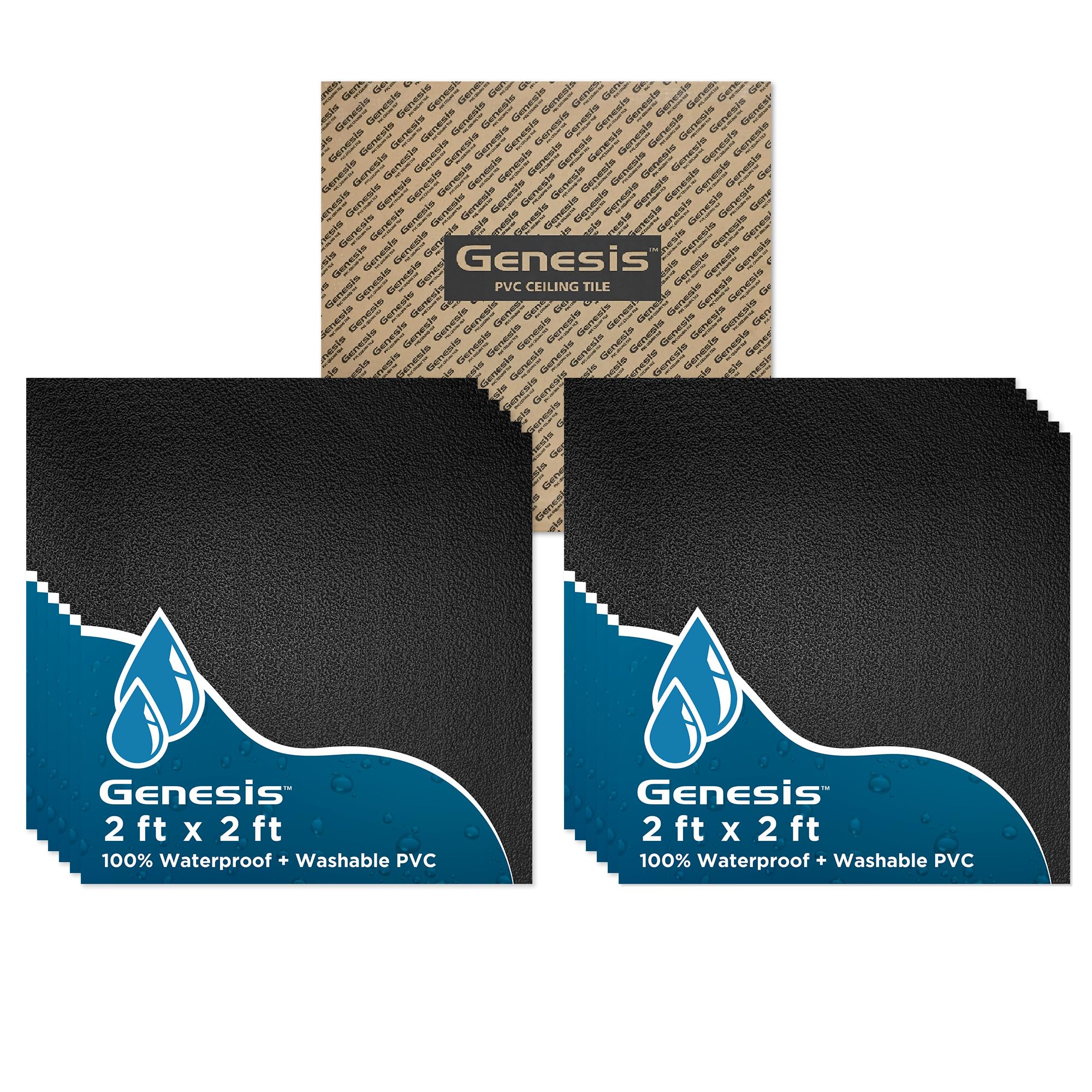 Genesis 2ft x 2ft Stucco Pro Black Ceiling Tiles - Easy Drop-in Installation – Waterproof, Washable and Fire-Rated - High-Grade PVC to Prevent Breakage - Package of 12 Tiles
