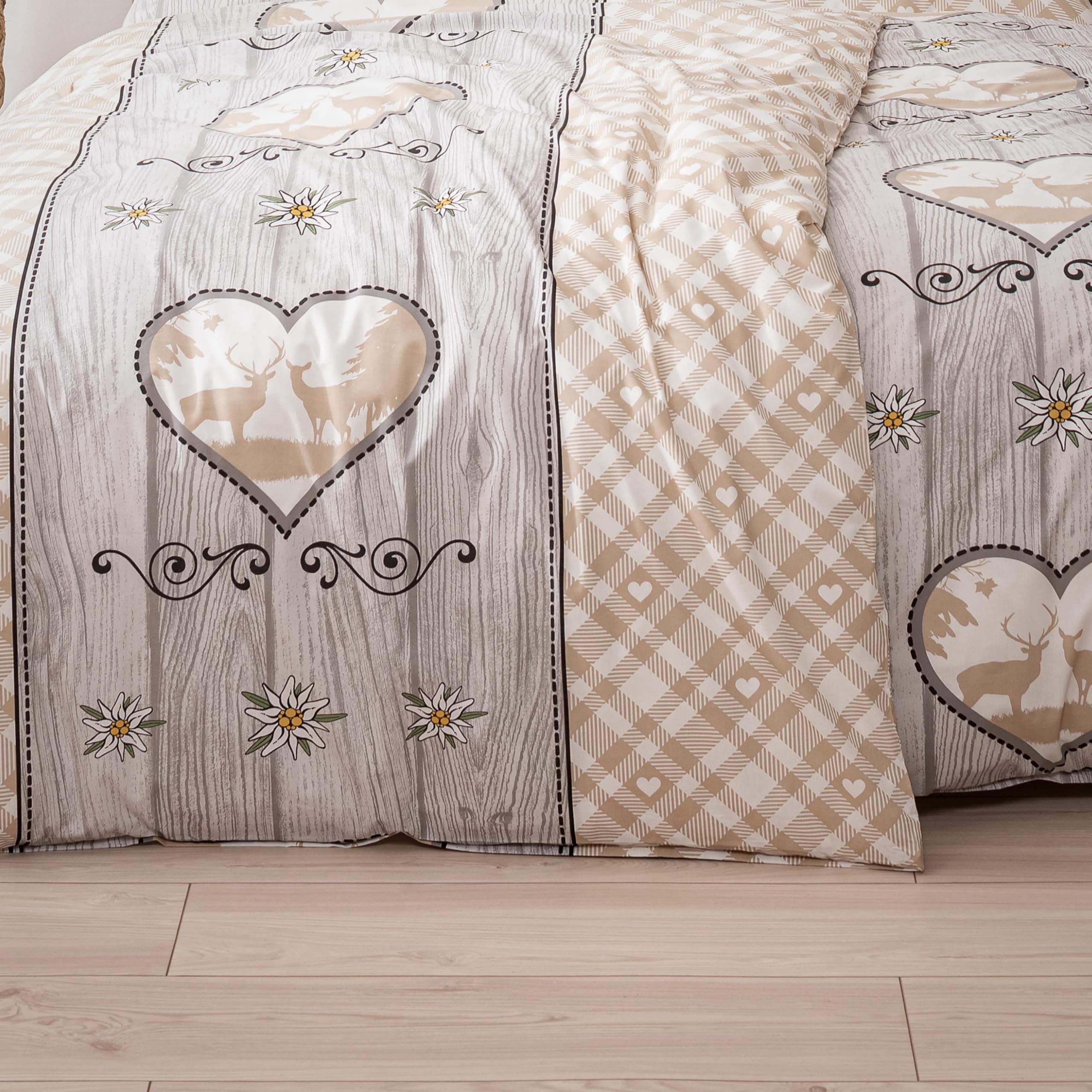 MTOnlinehandel Biancheria da letto in stile rustico, 135 x 200 cm + 80 x 80 cm, 4 pezzi, motivo a quadri cervo cuore, effetto legno, 100% cotone, stile vintage, per partner, idea regalo