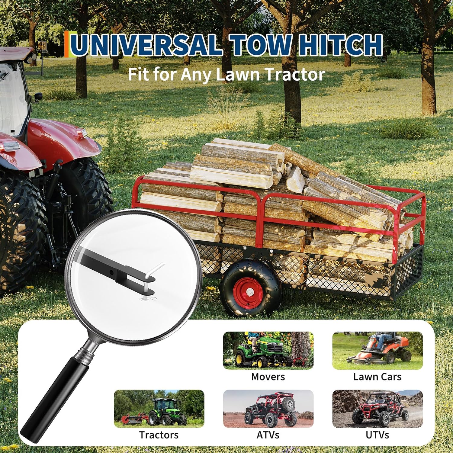 PeakPursuit Tow Behind Steel Dump Cart, Heavy Duty Yard Garden Trailer with Removable Sides & All Terrain Tires, Fits Lawn Mower, Tractor, Garden Cart, 1600 lbs 22 Cubic Feet, Red