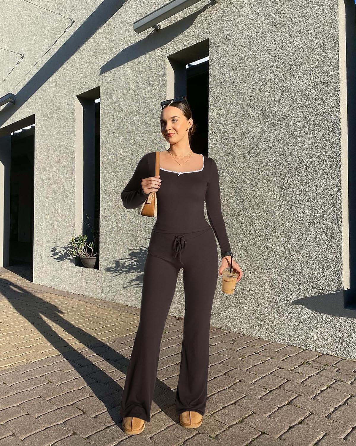 OMKAGI Womens Lounge Set Lace Square Neck Long Sleeve Tops Wide Leg Pants 2 Piece Outfits - Image 3