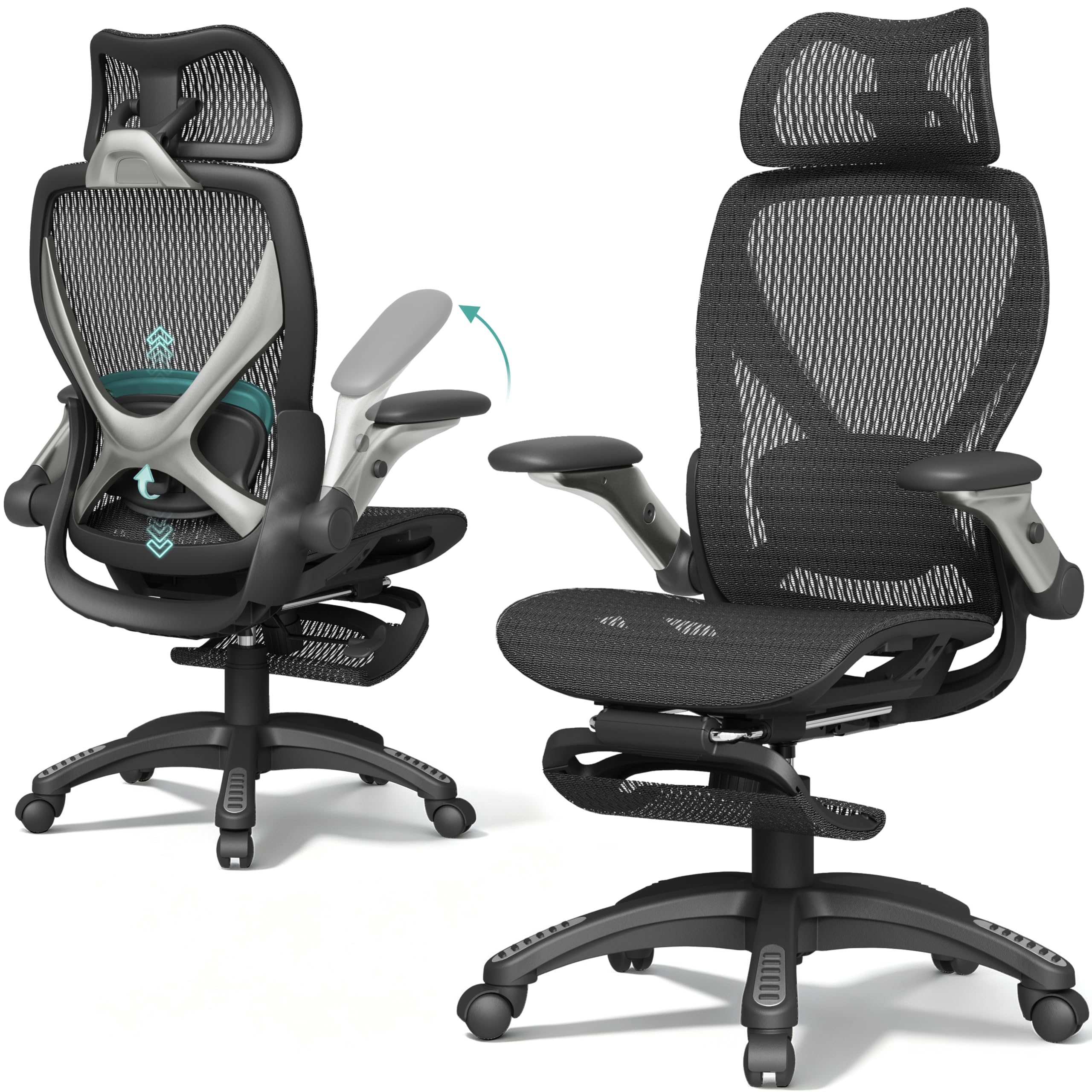 ELABEST X100 Ergonomischer Mesh-Bürostuhl mit Hoher Rückenlehne & Fußstütze | 3D-Lordosenstütze, 120° Neigung, 3D-Kopfstütze, Schreibtischstuhl mit hochklappbaren 5D-Armlehnen für Homeoffice, bis 136 kg