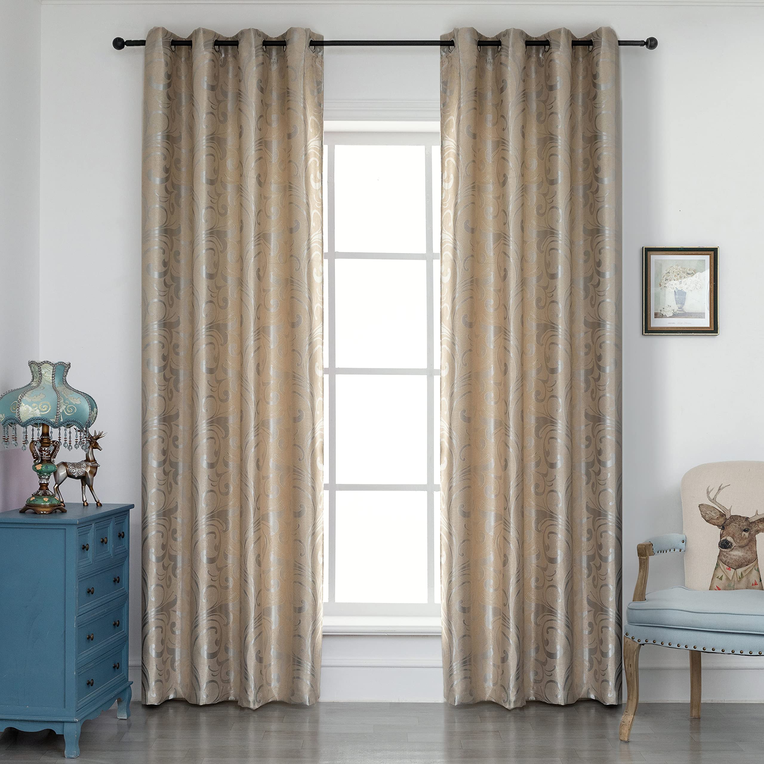GIRASOLE HOME® Coppia Tende Jacquard Semi Oscuranti Motivo Corinzio Tenda Morbida Termica Isolante per Soggiorno Camera e Interni 2 Pannelli con Occhielli (Beige Corinzio, 140x275cm)