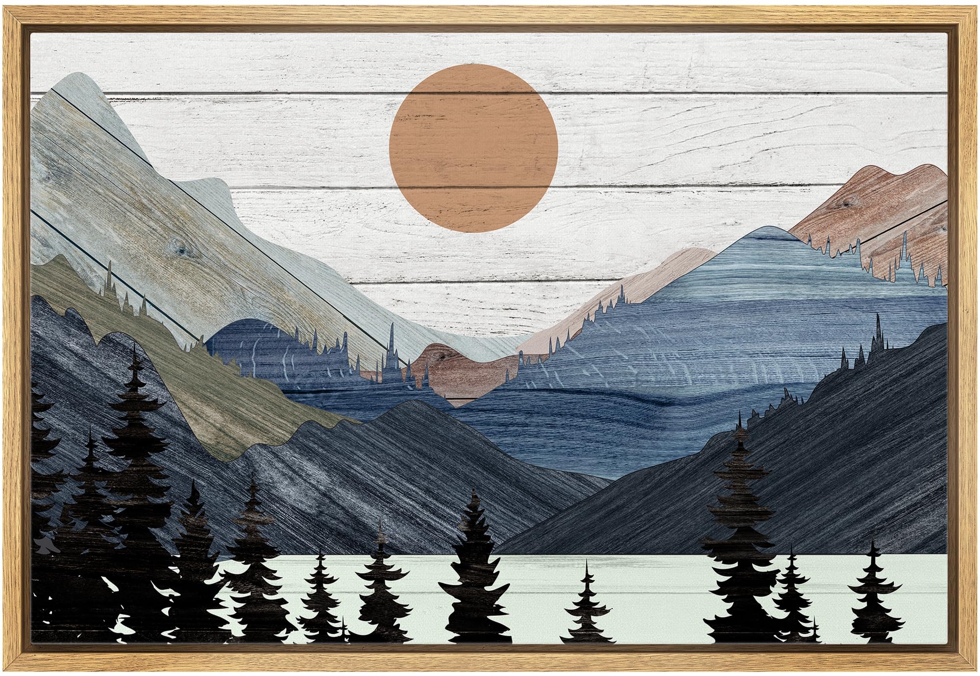 wall26 Framed Canvas Print Wall Art Blue Mountain Pine Forest Nature Wilderness Digital Art Wood Panel Landscape Farmhouse/Country Relax/Calm/Cozy