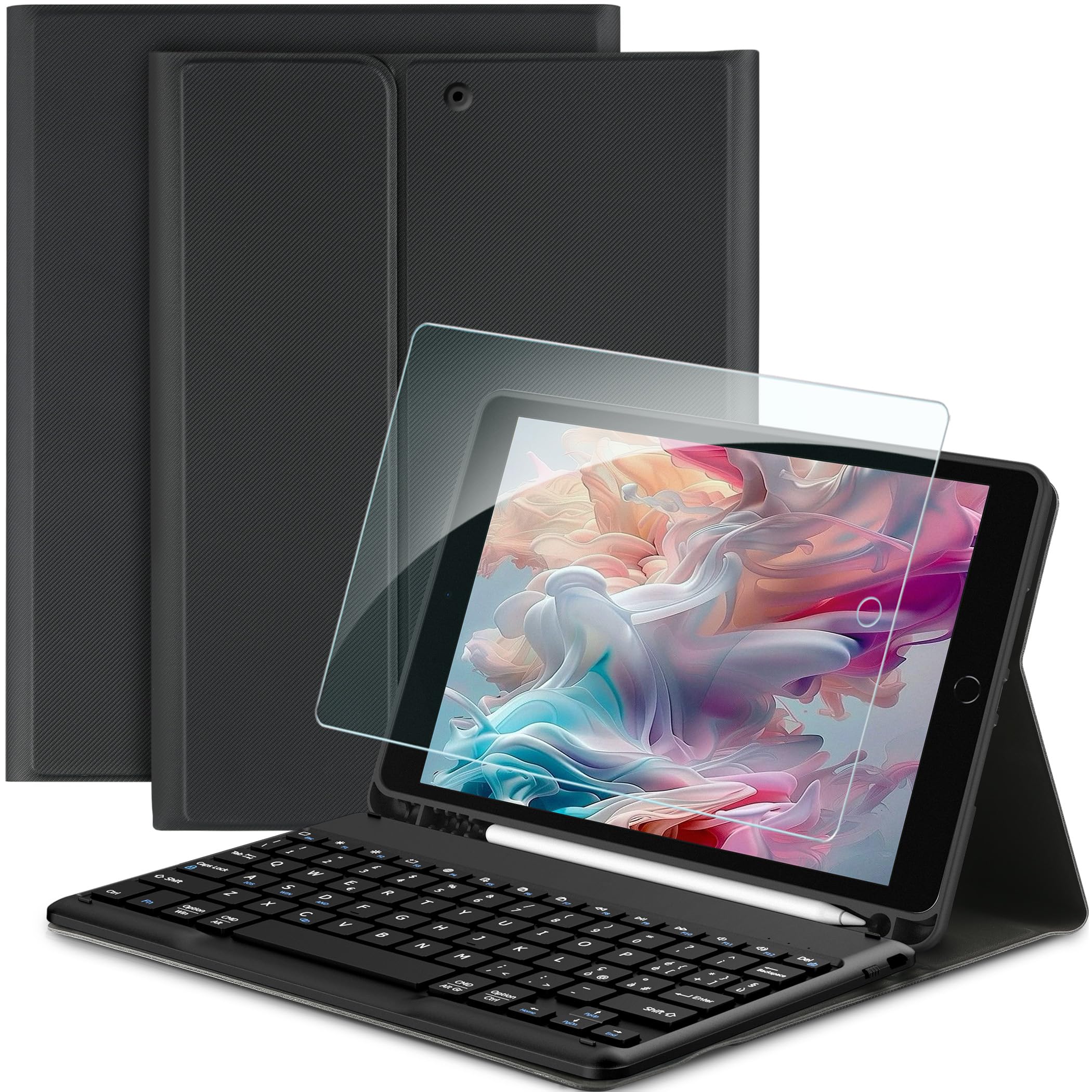 EasyAcc Cover iPad 9 Generazione con Tastiera Compatibile con iPad 10.2 Pollici 8a/7a Generazione con Pellicola Protettiva, [Italiano], Custodia Protettiva per Tastiera Rimovibile con Portapenne, Nero