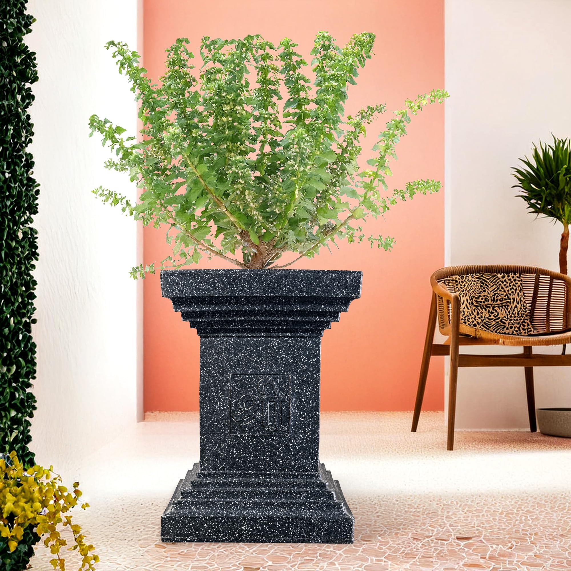 Kuber Industries 22 Inch Roto Mould German Polymer Extra Large Big Size Tulsi Flower Pot | Indoor/Outdoor Tree Gamla Planter for Living Room, Resorts, Hotels, Terrace & Garden | Marble Tulsi - Black
