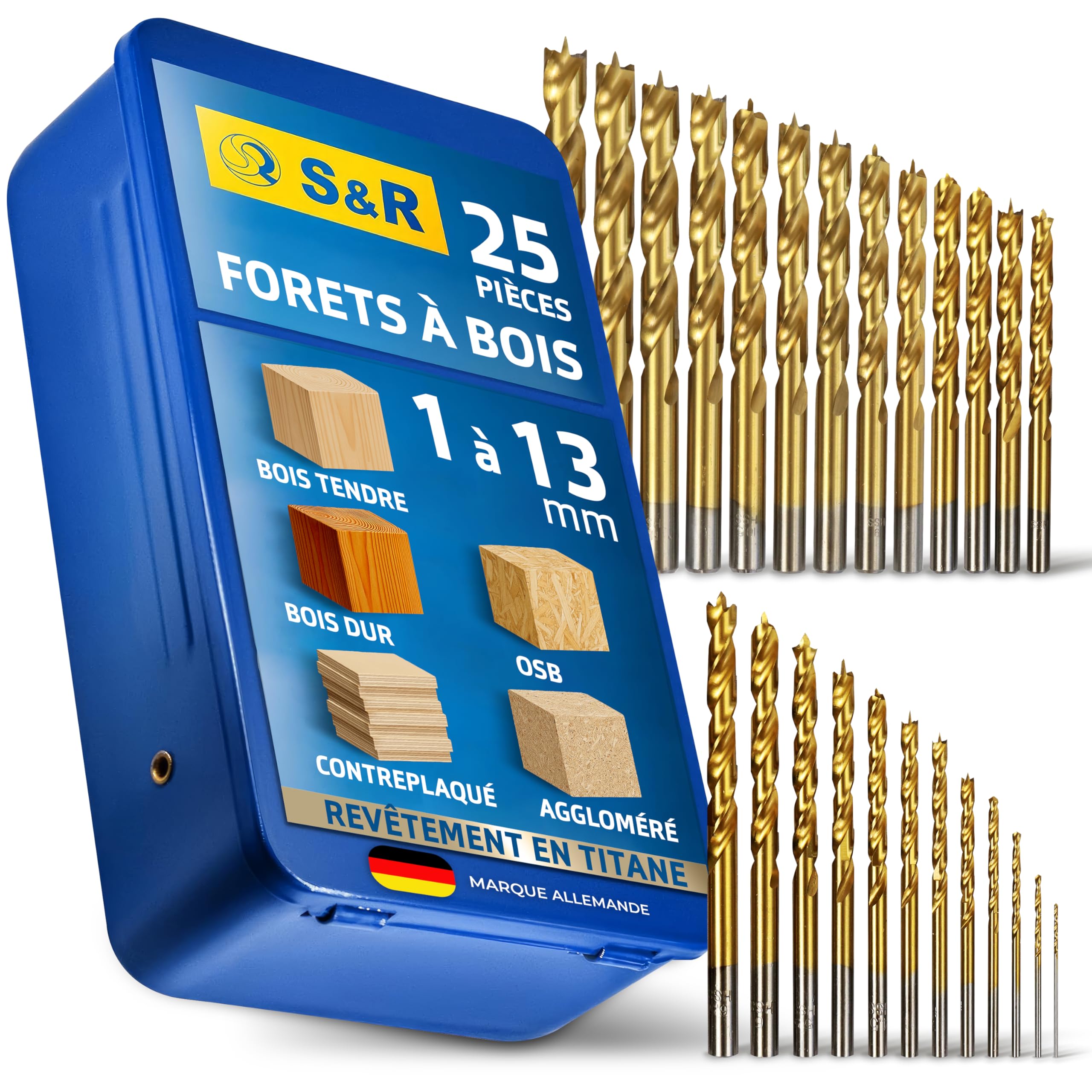 S&R Coffret Forets à Bois Professionnels 25 pcs 1-13mm en acier HSS 4241 revêtu en Titane. Forets pour perceuse à main et à colonne