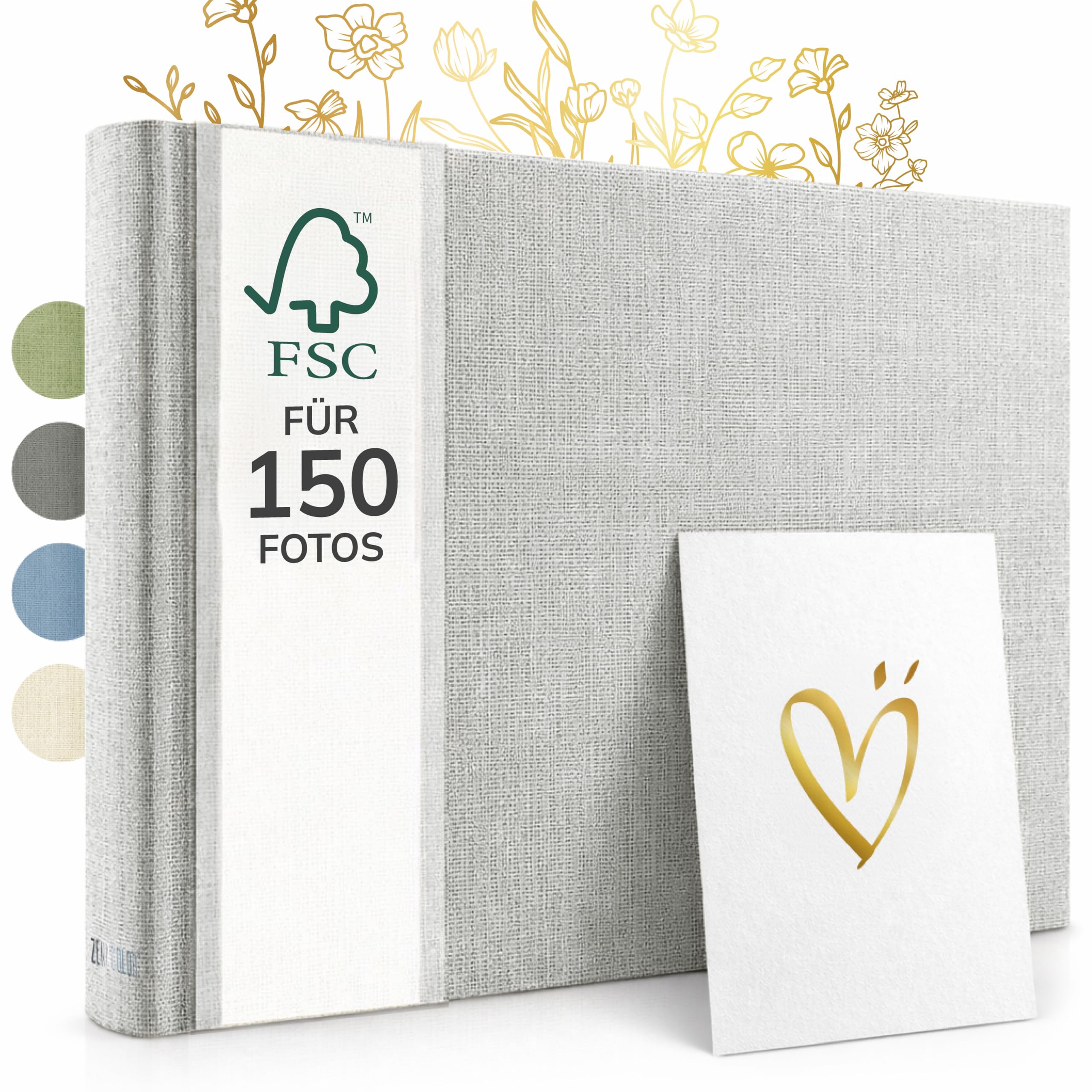 Zenacolor Fotoalbum zum Selbstgestalten - Fotobuch 30x22cm in Hellgrau - 50 weiße Seiten & Platz für 150 Fotos - Scrapbook echtes Leinen