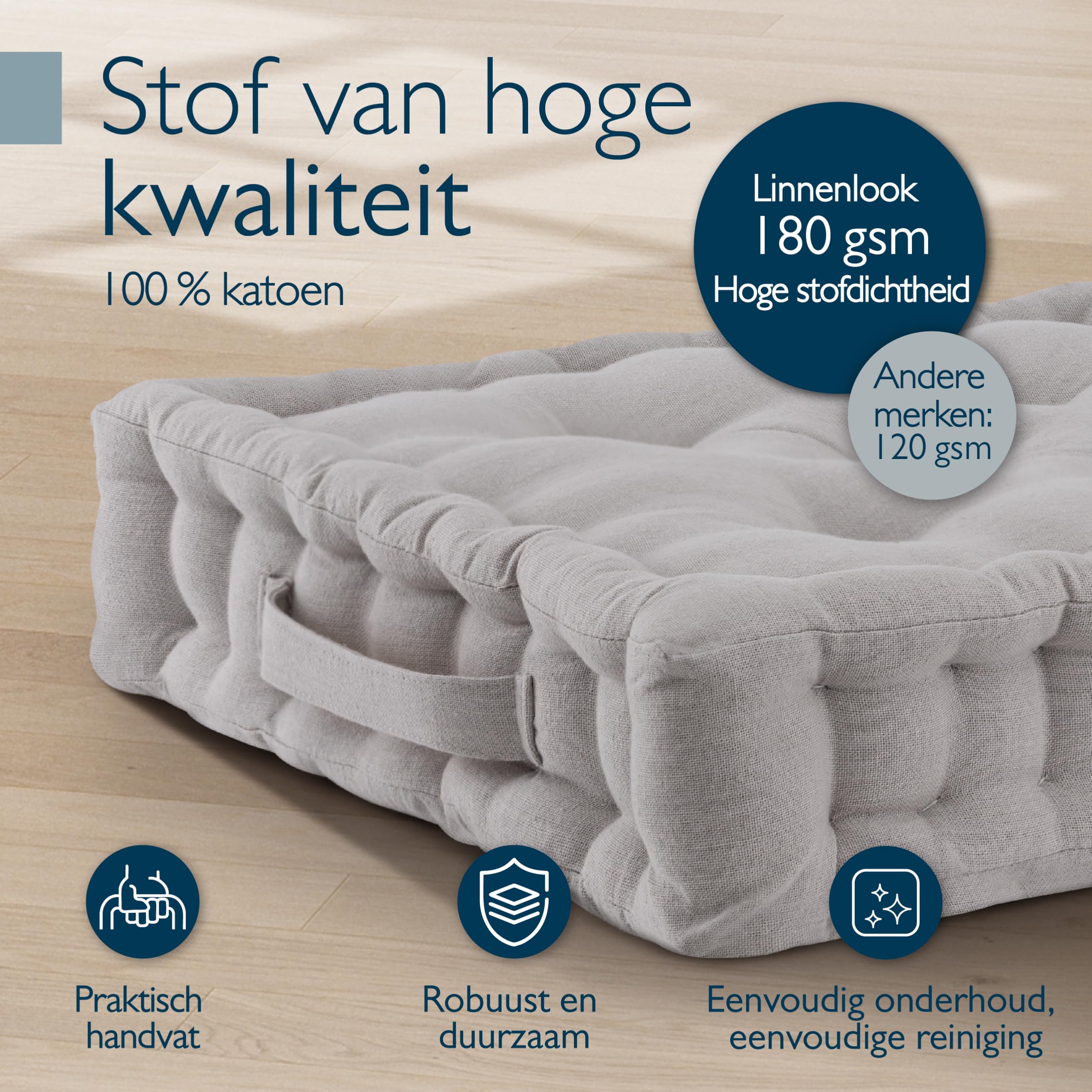 Beauitssu set van 4 vloerkussens zitkussen 40x40 cm - Dik matraskussen 8cm - 100% katoen stoelkussen binnen & buiten zitkussen vloer draagbeugel extra dik, Taupe - Mila