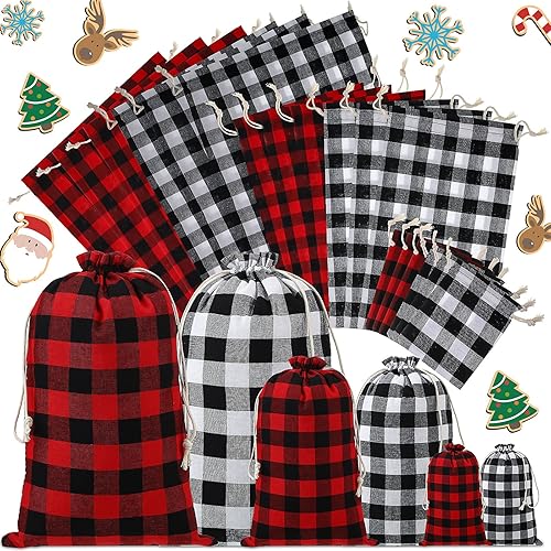 Shappy 18 bolsas de Navidad a cuadros con cordón, bolsas de regalo de tela de Navidad, bolsas lavables de Navidad, bolsas de almacenamiento para