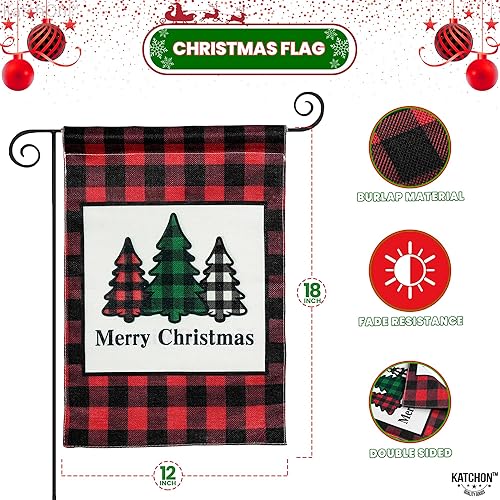 Vista 2 de KatchOn Merry Christmas Garden Flag - 12x18 Inch, Double Sided Yard Decorations for Outside House Banner Buffalo Plaid Red