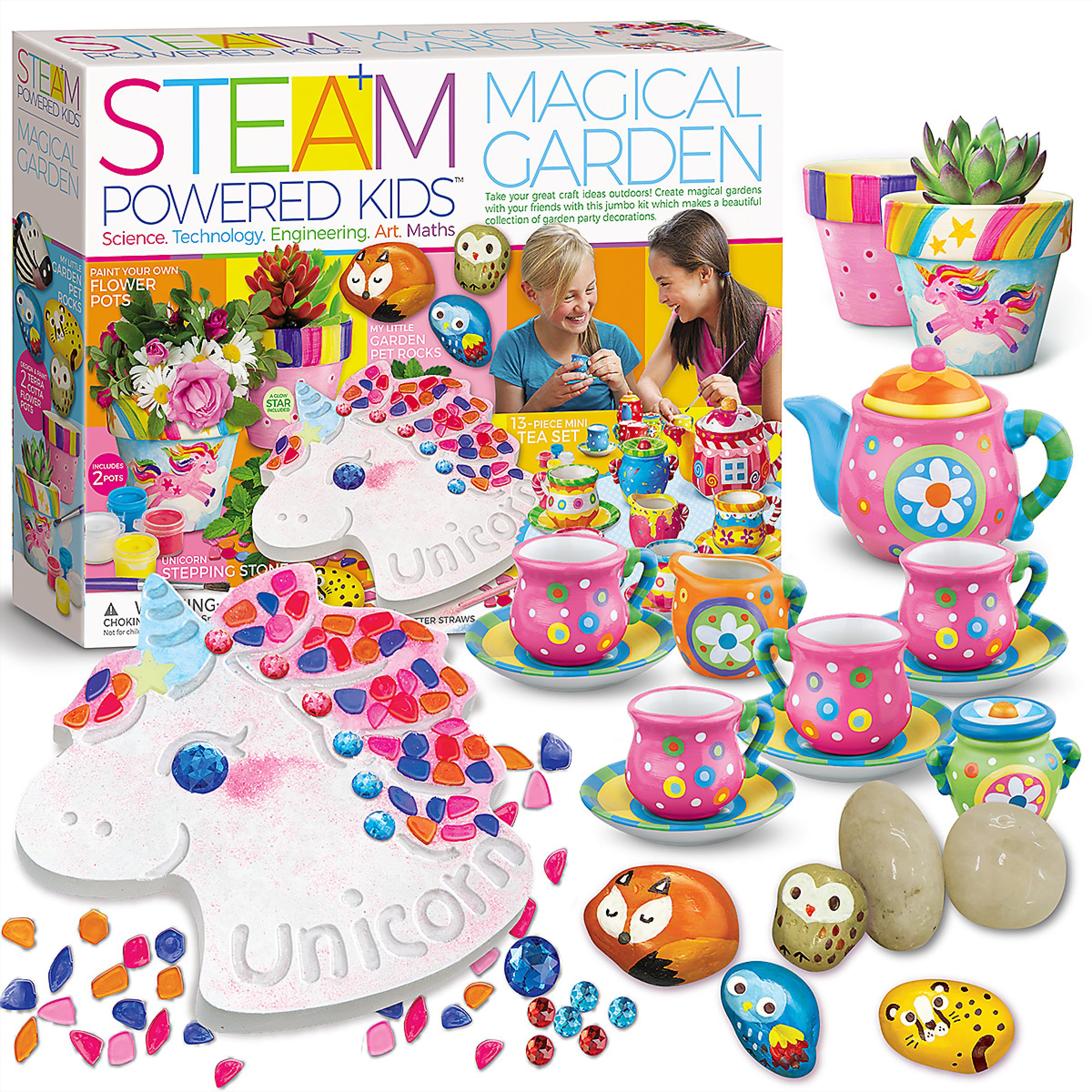 4M STEAM Powered Kids Magical Garden Jumbo Craft Kit – Paint Mini Porcelain Tea Set, Terracotta Pots & Garden Stones, Unicorn Figurine & Plaster Flowers, Creative Outdoor Décor Activity Ages 5+