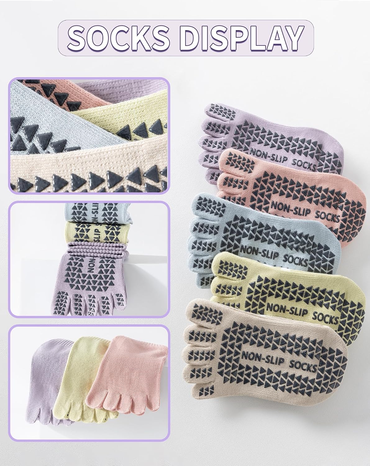 Yawlsow Toe Pilates Socks with Grips for Women Yoga Non Slip Grippy Striped Socks for Barre Workout Hospital Home