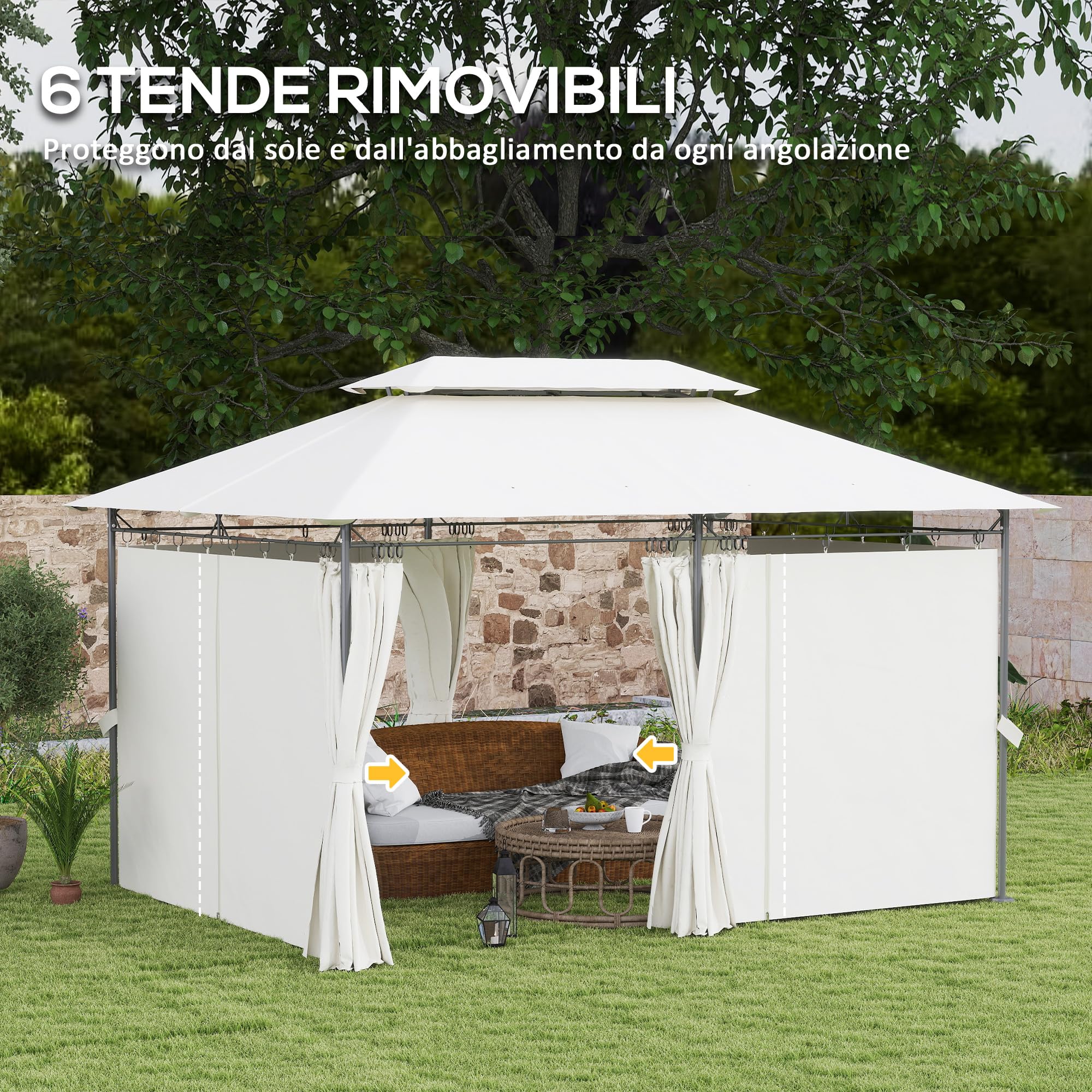 Outsunny Gazebo da Giardino 3x4 m con Tende Rimovibili, Doppio Tetto e 12 Fori di Drenaggio, Gazebo da Esterno in Metallo e Poliestere, per Giardino, Balcone, Feste, Campeggio, Crema