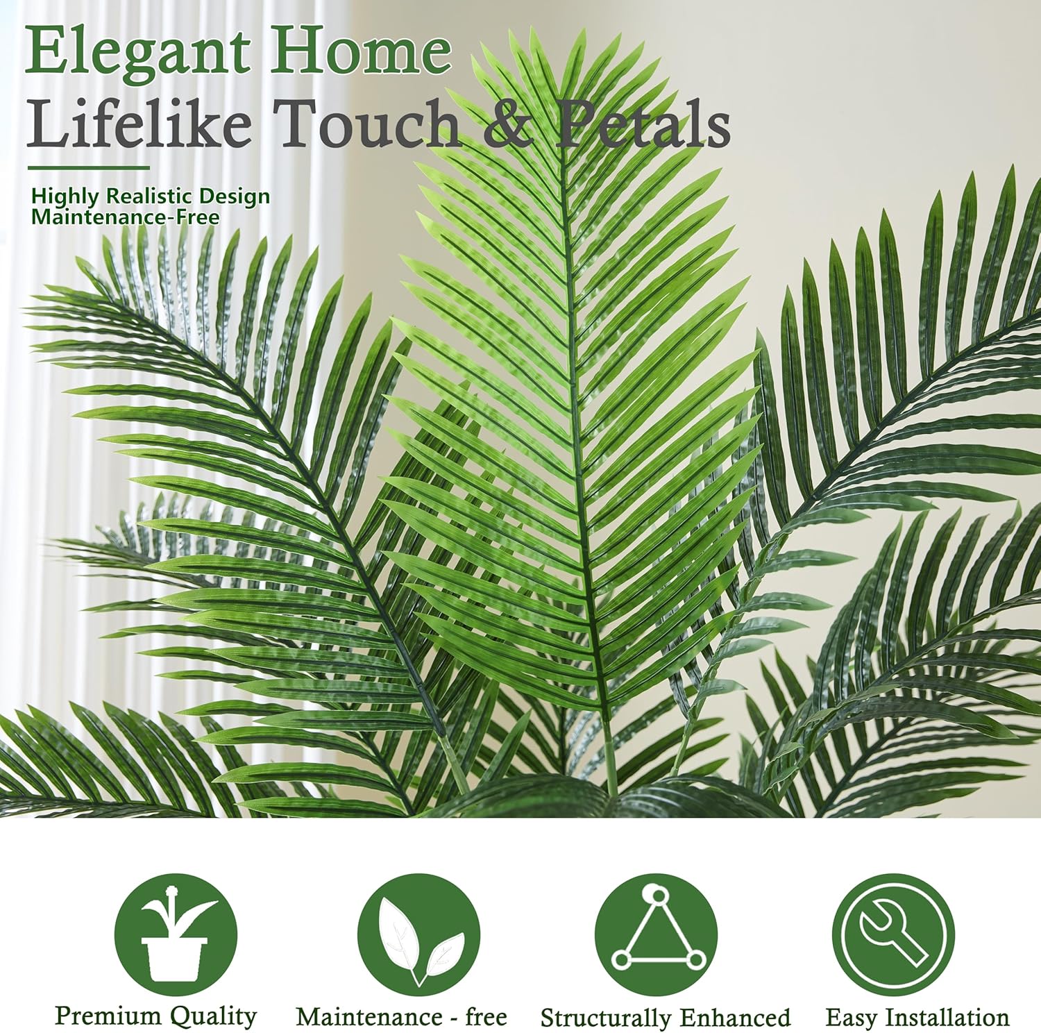 Artificial Palm Tree：6FT Tropical Fake Silk Plant UV Resistant Faux Areca Palm with White Planter & Black Pebbles for Home Office Living Room Decor Indoor Patio Porch Balcony (6FT,1-Pack,Black)