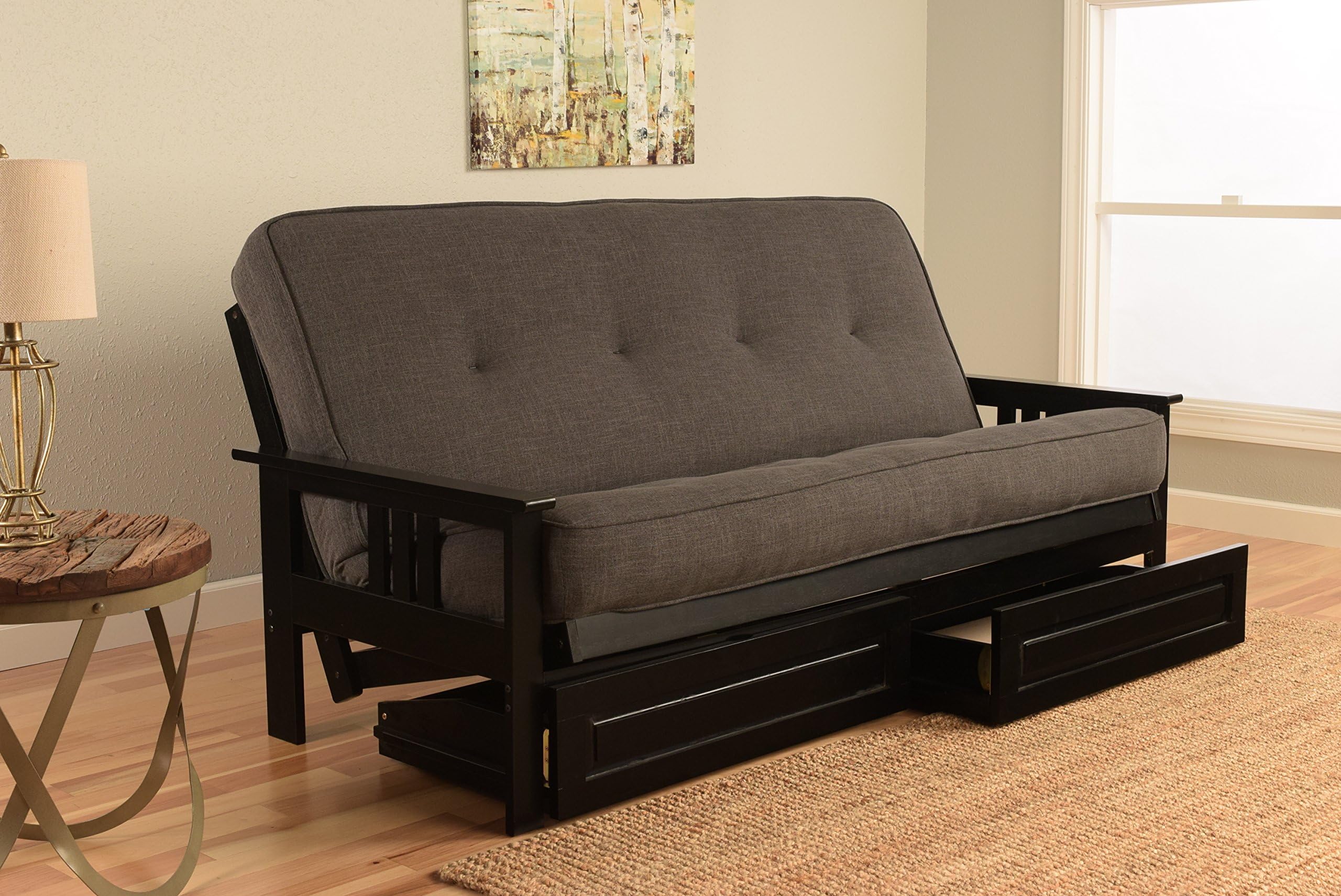 Mission Style Black Wood Frame Futon with Storage Drawers Convertible Full Size Innerspring Mattress Cover-Use As Bed Sofa Sofabed Or Couch -Comfortable Furniture for Sleeping Lounging Sitting