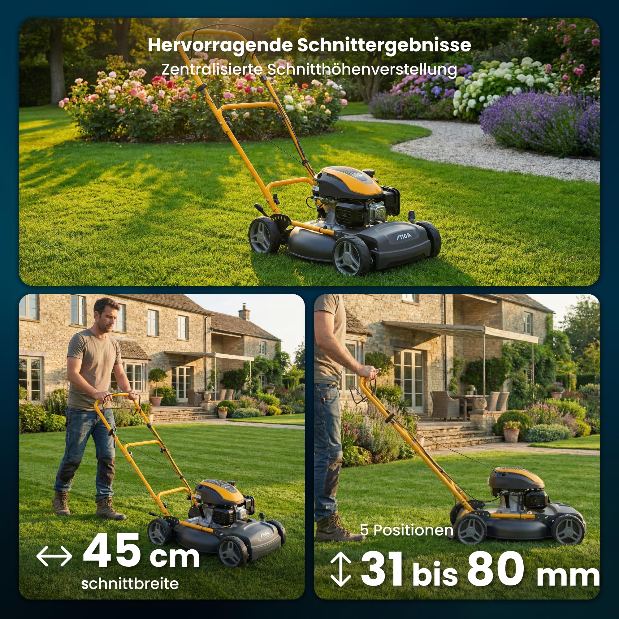 STIGA Multiclip 47 S Benzin-Rasenmäher, selbstfahrender Mulchrasenmäher mit 123 CCM Motor, 45 cm Schneidwerk, 5 Schnitthöhen, ergonomisch klappbarer Handgriff